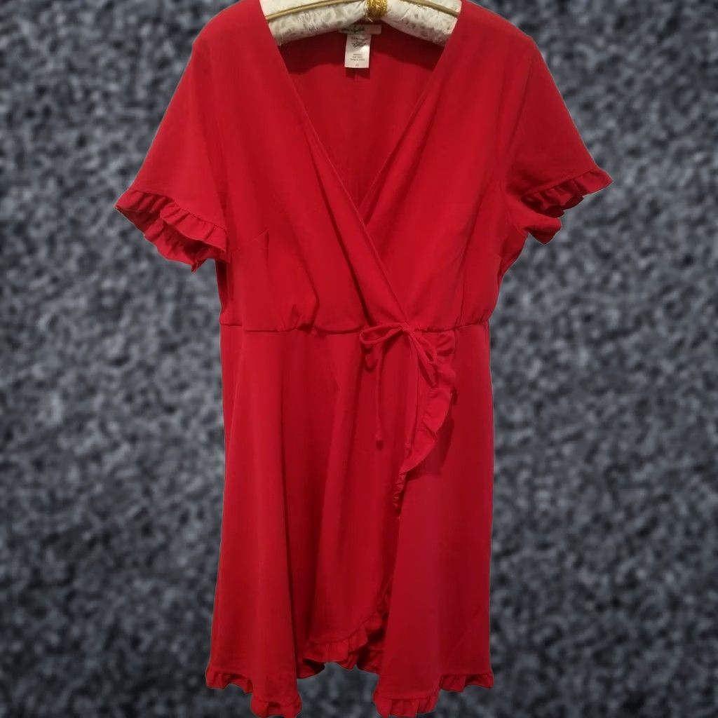 Vintage Love Squared Trendy Plus Size Faux-Wrap Dress Red 2X Short Sleeve Ruffle Trim Midi Dress Womens Size 40" / US 18 - 1 Thumbnail