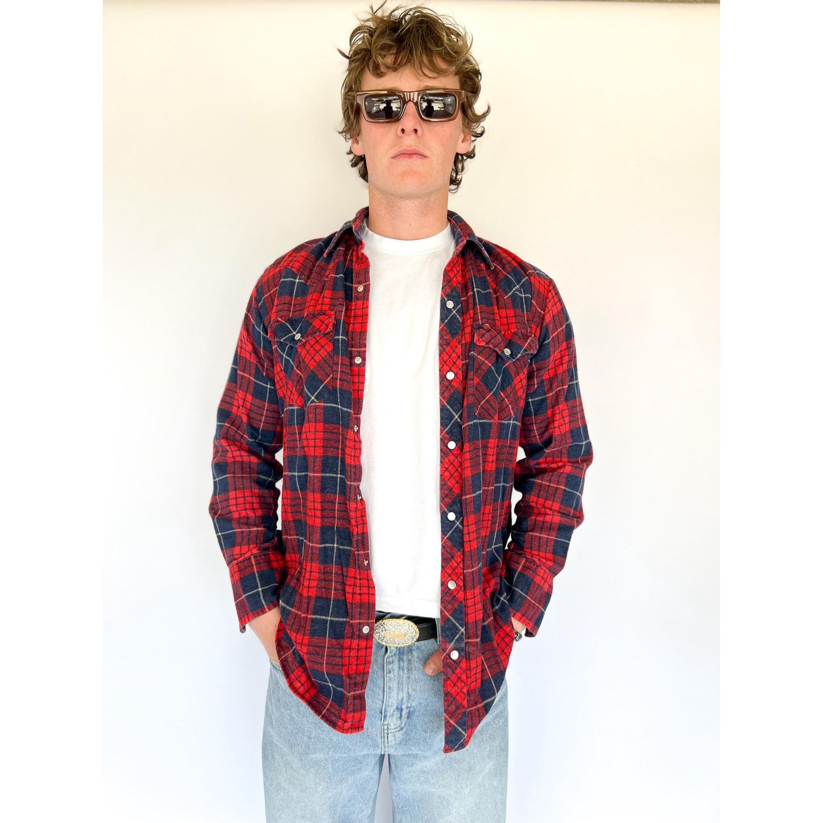 VTG Red Plaid Flannel Pearl Snap Shirt Men’s Western M