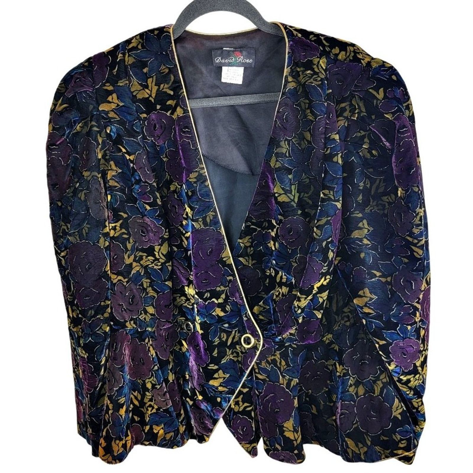 Vintage David Rose Womens Floral Velour Blazer size 16 Black Size XXL / US 16-18 / IT 52-54 - 1 Thumbnail
