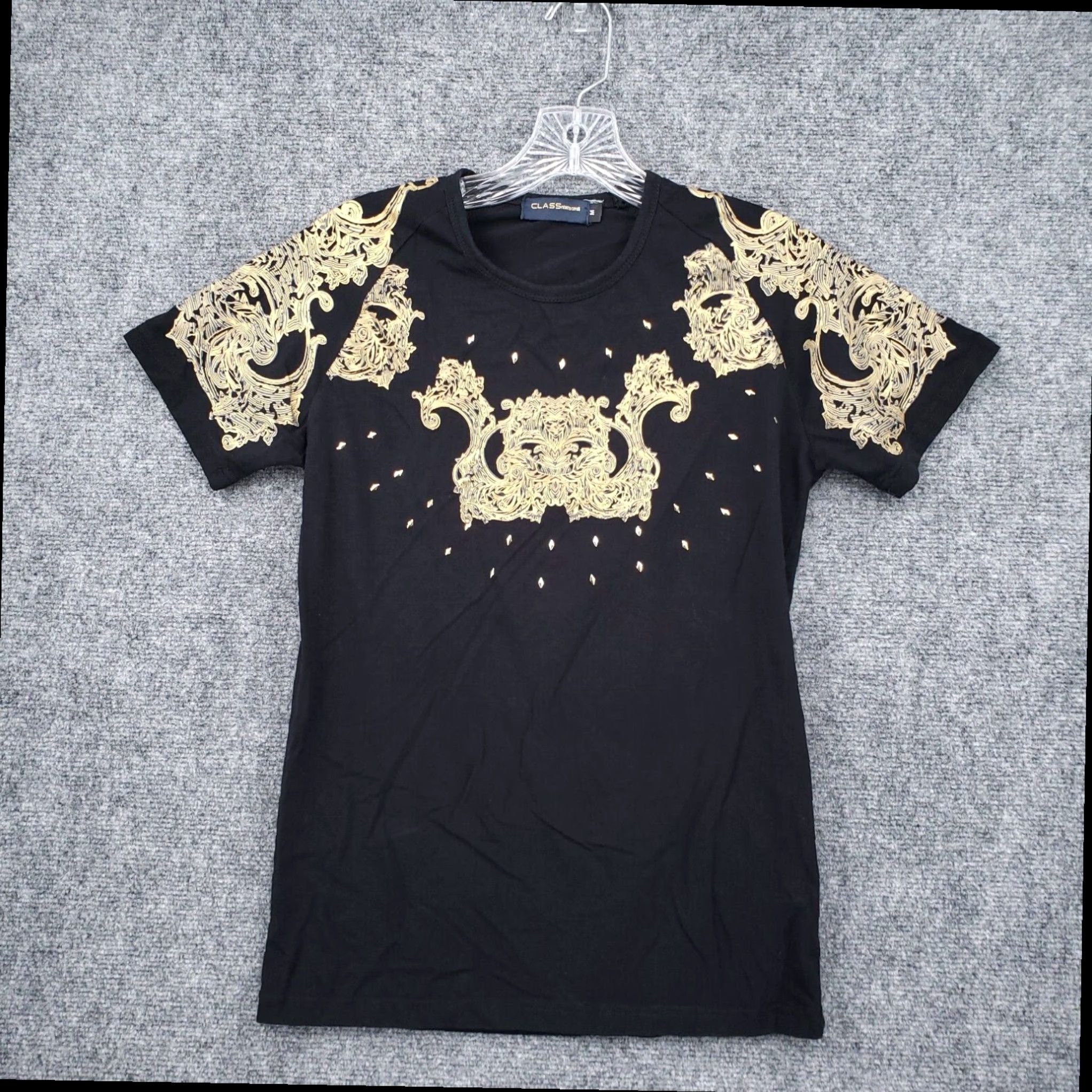 Roberto Cavalli Womens Shirt Medium M Black Gold Baroque Tee Top