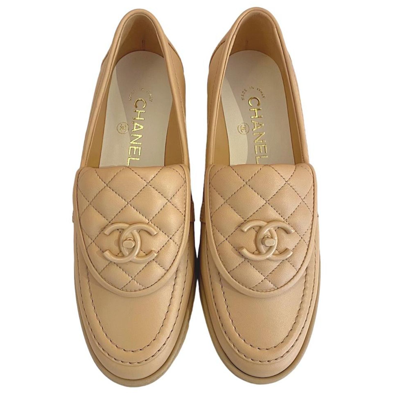 Chanel 24C Beige Leather Quilted Flap Turnlock Moccasin