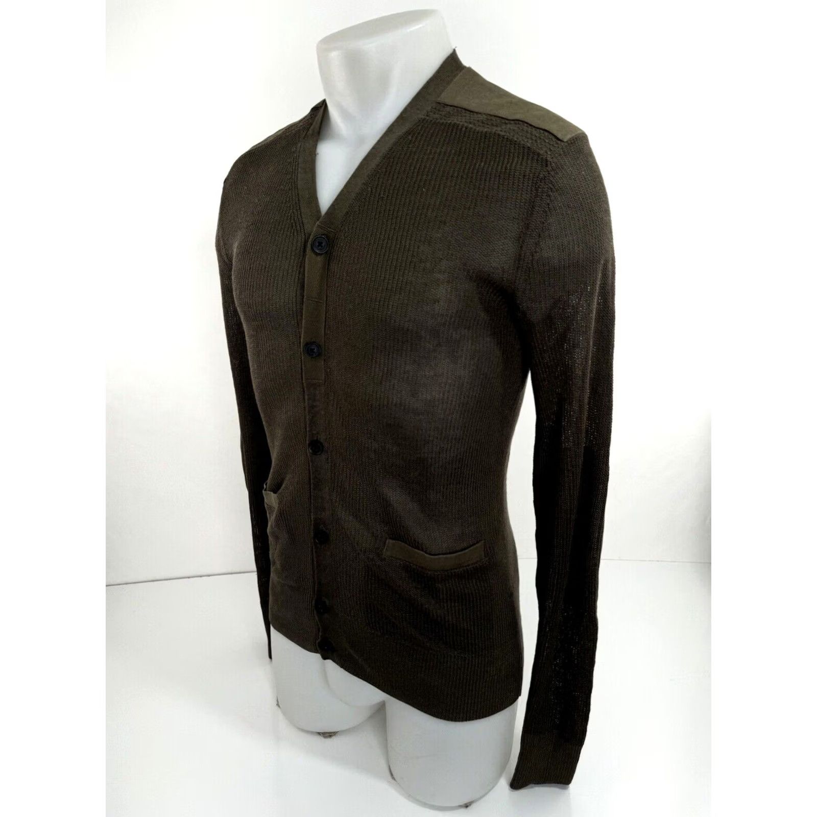Allsaints ALLSAINTS LINEN Knit Cardigan Sweater - Mens XS ELBOW PATCH Dark Olive Green - Excellent Size US XS / EU 42 / 0 - 2 Thumbnail