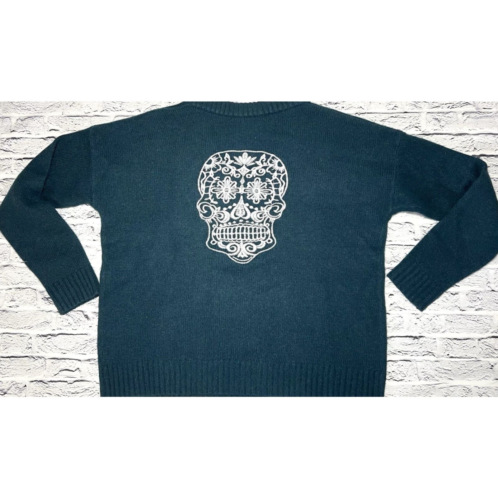 Altea Skull Cashmere Skull-Back Sweater Crew Neck Long Sleeve Wool Cashmere Blend Dark Teal Blue Size M Women Casual Vintage No Size M / US 6-8 / IT 42-44 - 2 Thumbnail