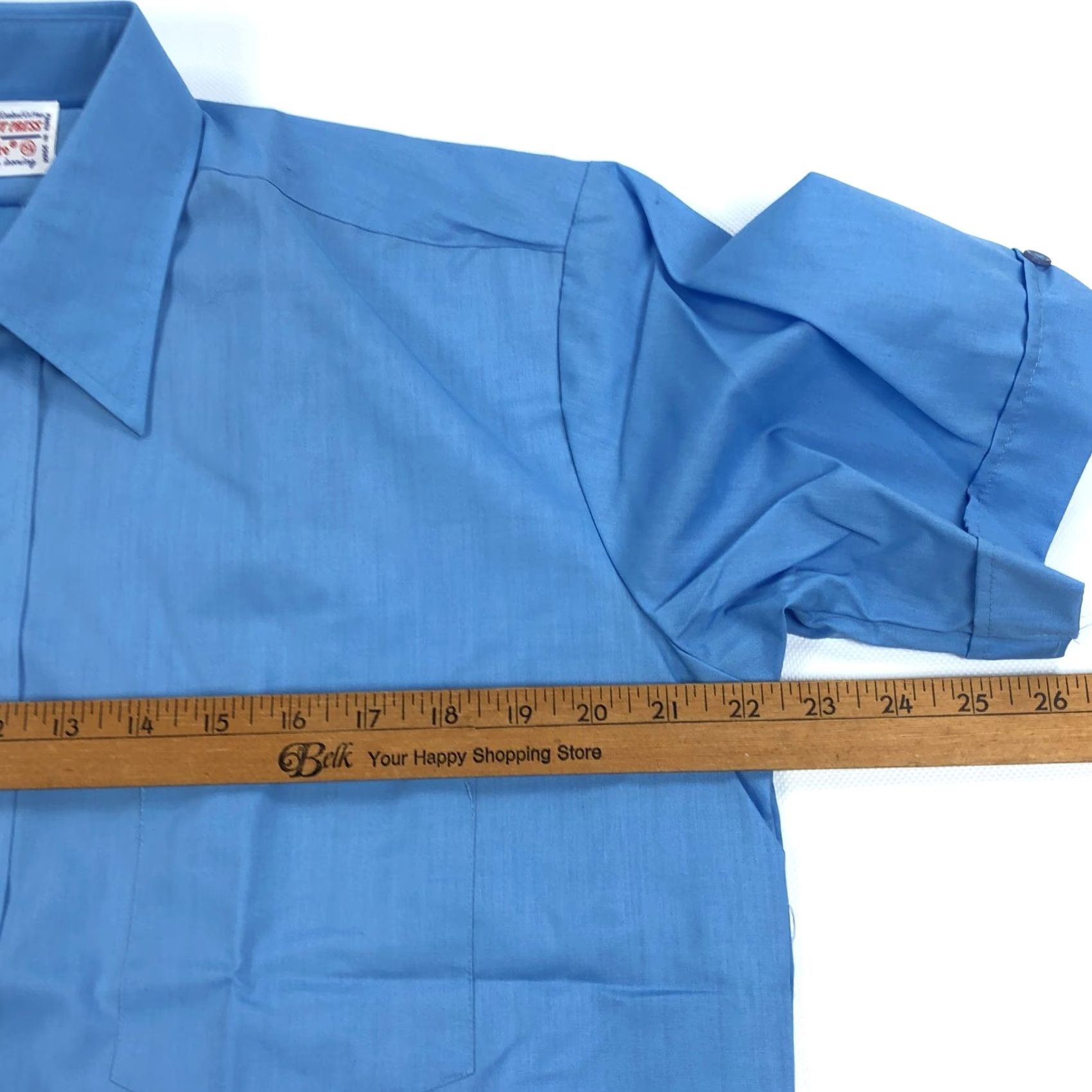 Vintage Permanent Press Shirt Mens 15.5 Large 1970s 70s Blue Short Sleeve Button Up Shirt Size US L / EU 52-54 / 3 - 6 Thumbnail