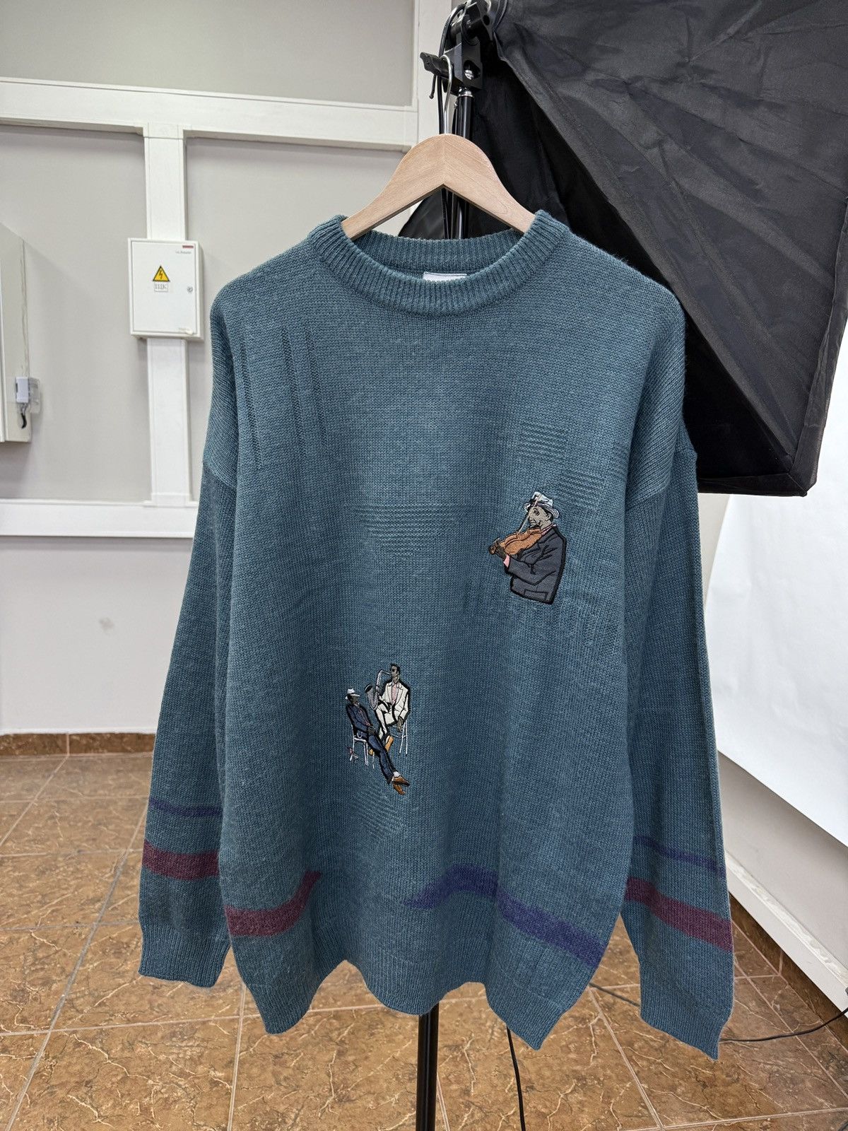 Jazz Cartier 🇺🇸 Vintage 90s Jazz Music Saxophone Violin Knit Sweater Retro Size US XL / EU 56 / 4 - 1 Thumbnail