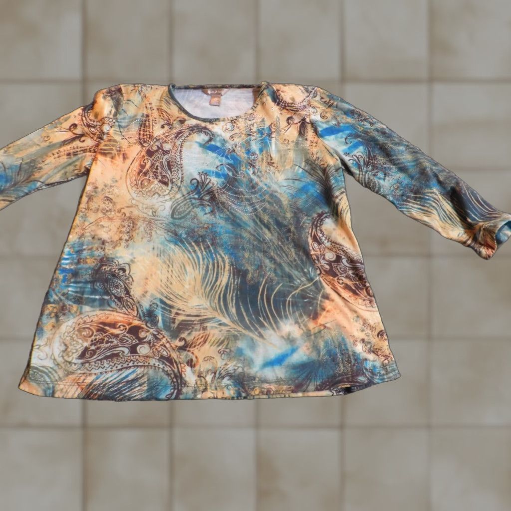 Vintage White Stag Blouse Womens Medium Green Stretch Crew Neck Long Sleeve Pullover Ruffle Floral Casual Polyester Rayon Basic Size M / US 6-8 / IT 42-44 - 1 Thumbnail