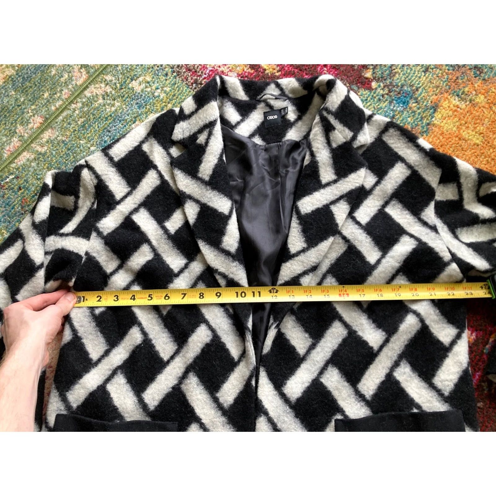 Asos ASOS Coat Wool Blend Overcoat Long Pockets Lined Black 10 Womens Geometric Jacket Multicolor Exterior Size L / US 10 / IT 46 - 6 Thumbnail