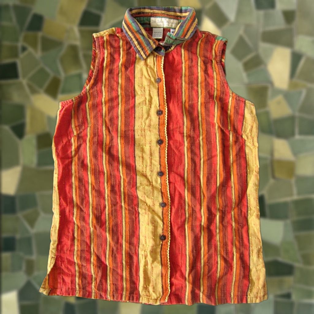 The Territory Ahead VINTAGE Territory Ahead Blouse Shirt XS Sleeveless Stripe 100% Cotton Orange Green Yellow Womens Size XS / US 0-2 / IT 36-38 - 1 Thumbnail