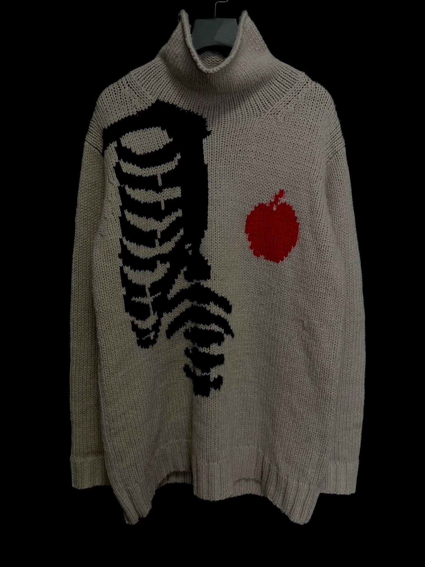 Yohji Yamamoto Beige Turtleneck Sweater with Skeleton & Apple Print Size US M / EU 48-50 / 2 - 1 Thumbnail