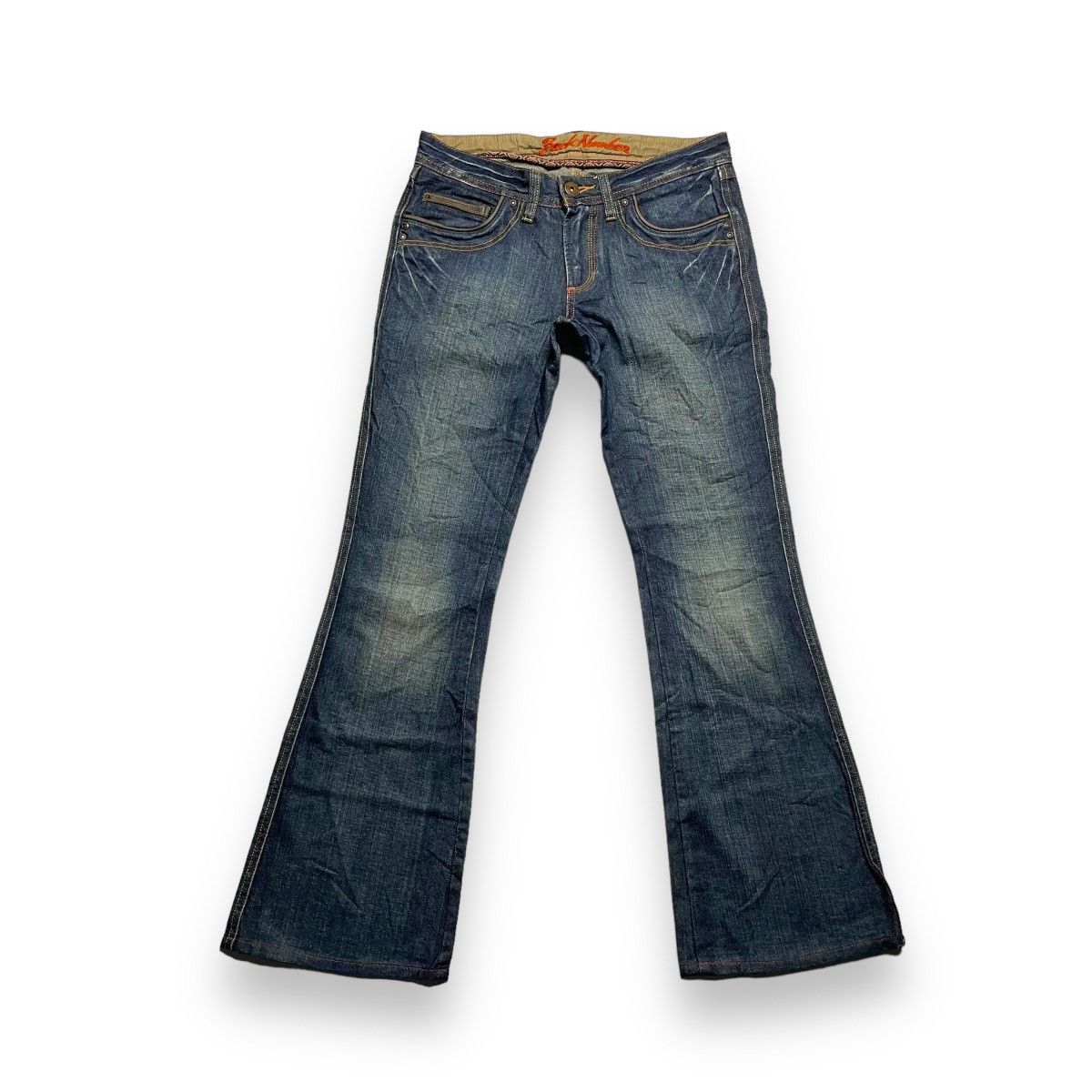 Le Grande Bleu (L.G.B.) 🇯🇵 SUPER FLARE BACK NUMBER WASHED DENIM PANTS Size US 30 / EU 46 - 1 Thumbnail