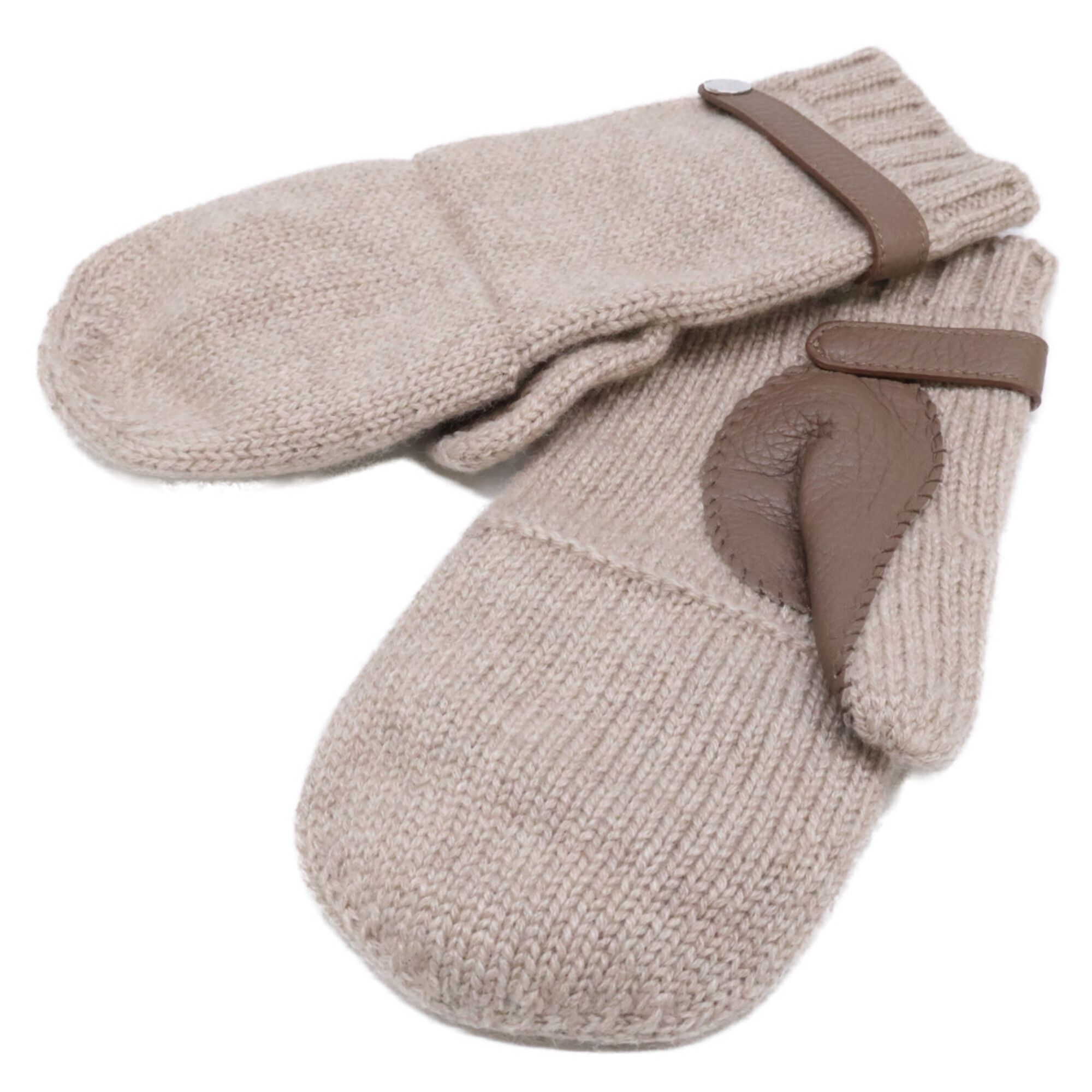 Hermes HERMES Lionel Cashmere Knit Deerskin Mitten Gloves, Size M, Beige, Women's Size ONE SIZE - 1 Thumbnail