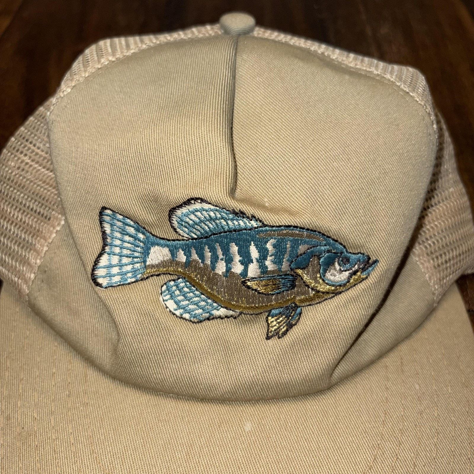 Vintage Vtg Fish Hat Cap Snap Back Beige Mesh Trucker 80s Fishing Size ONE SIZE - 3 Thumbnail