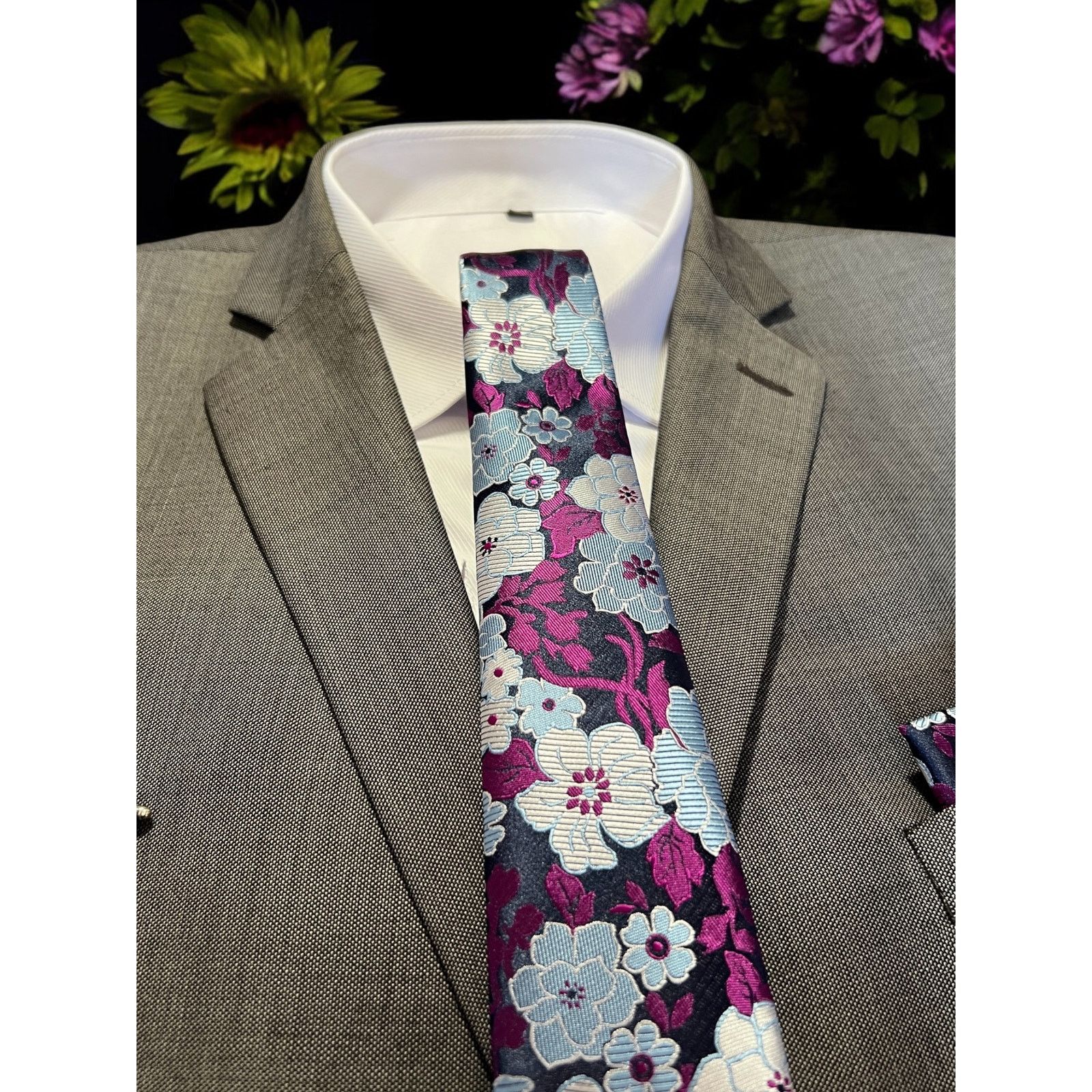 Other Tie Set Navy Blue Fuchsia Floral Tie Pocket Square Cufflinks Size ONE SIZE - 1 Thumbnail