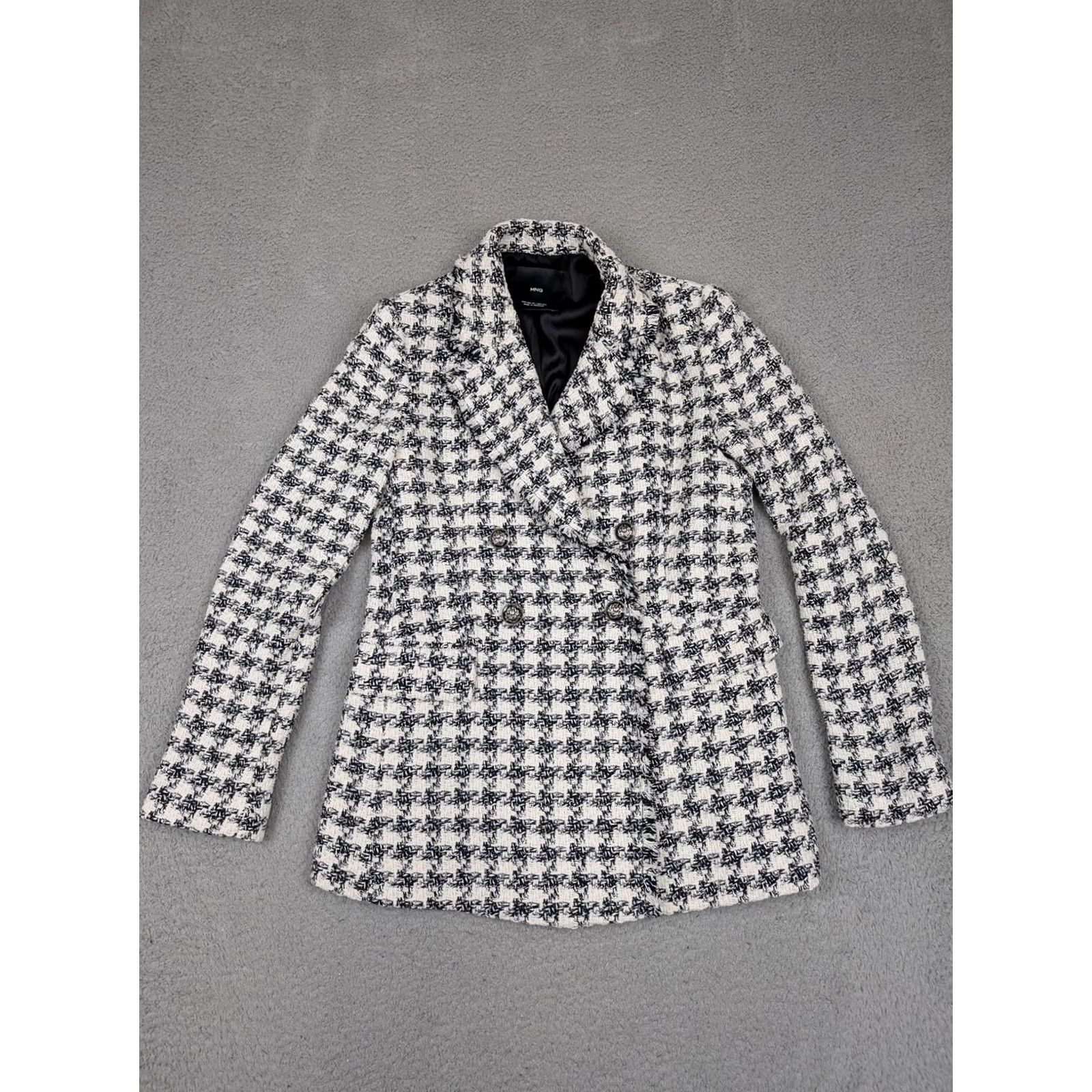 Mango MNG Blazer Womens XS Black White Tweed Houndstooth Double-Breasted Jacket Size XS / US 0-2 / IT 36-38 - 2 Thumbnail