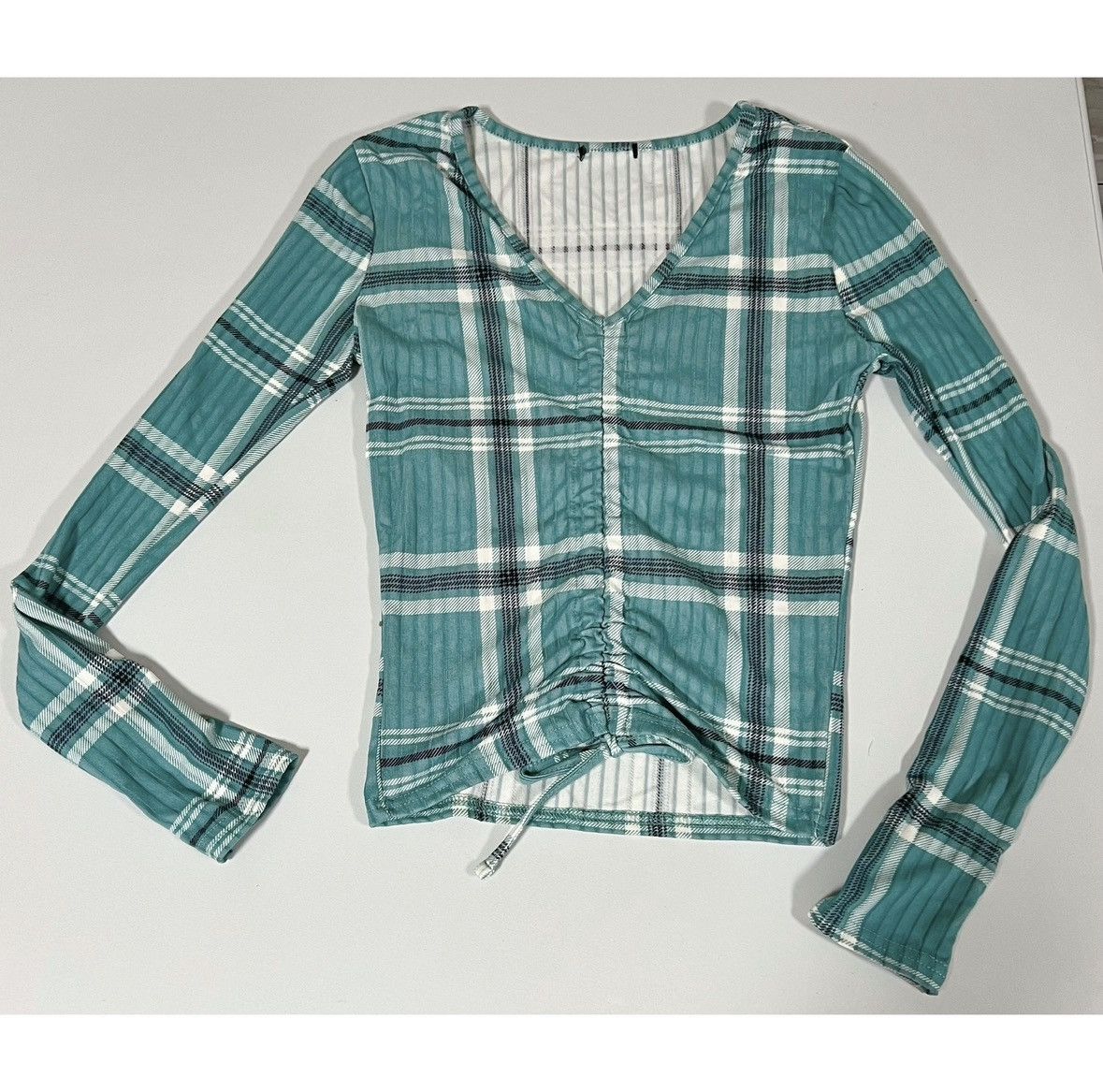 Japanese Brand Blue Plaid V-Neck Long Sleeve Shirt Top Blouse Tee Size S 🩵✨ Size S / US 4 / IT 40 - 1 Thumbnail
