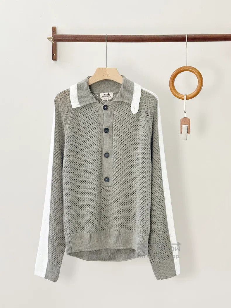 Hermes Color-block polo neck knitted long-sleeve sweater