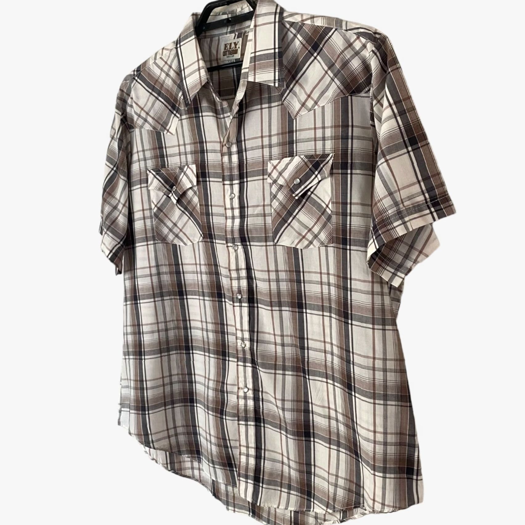 Vintage VINTAGE Ely Cattleman Western Pearl Snap Shirt Brown White Plaid Shirt Mens 2XL Short Sleeve Button-Up Pockets Western Casual Workwear Mens Size US XXL / EU 58 / 5 - 2 Thumbnail