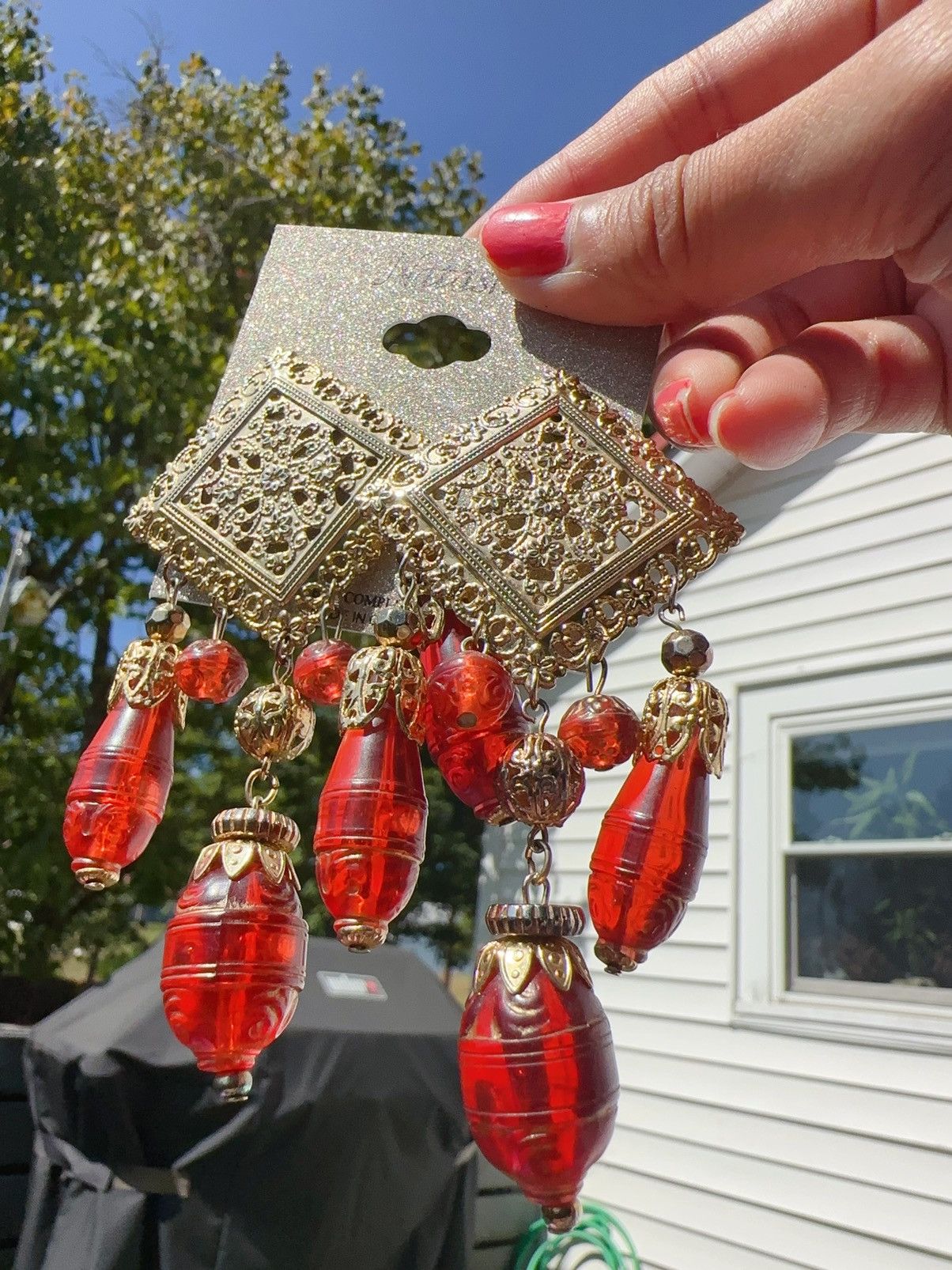Designer Natasha red resin long beads drops earrings gold Indian Size ONE SIZE - 2 Thumbnail