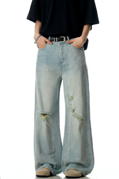 Vintage Retro men's loose wide-leg casual straight-leg ripped jeans Size US 32 / EU 48 - 1 Thumbnail