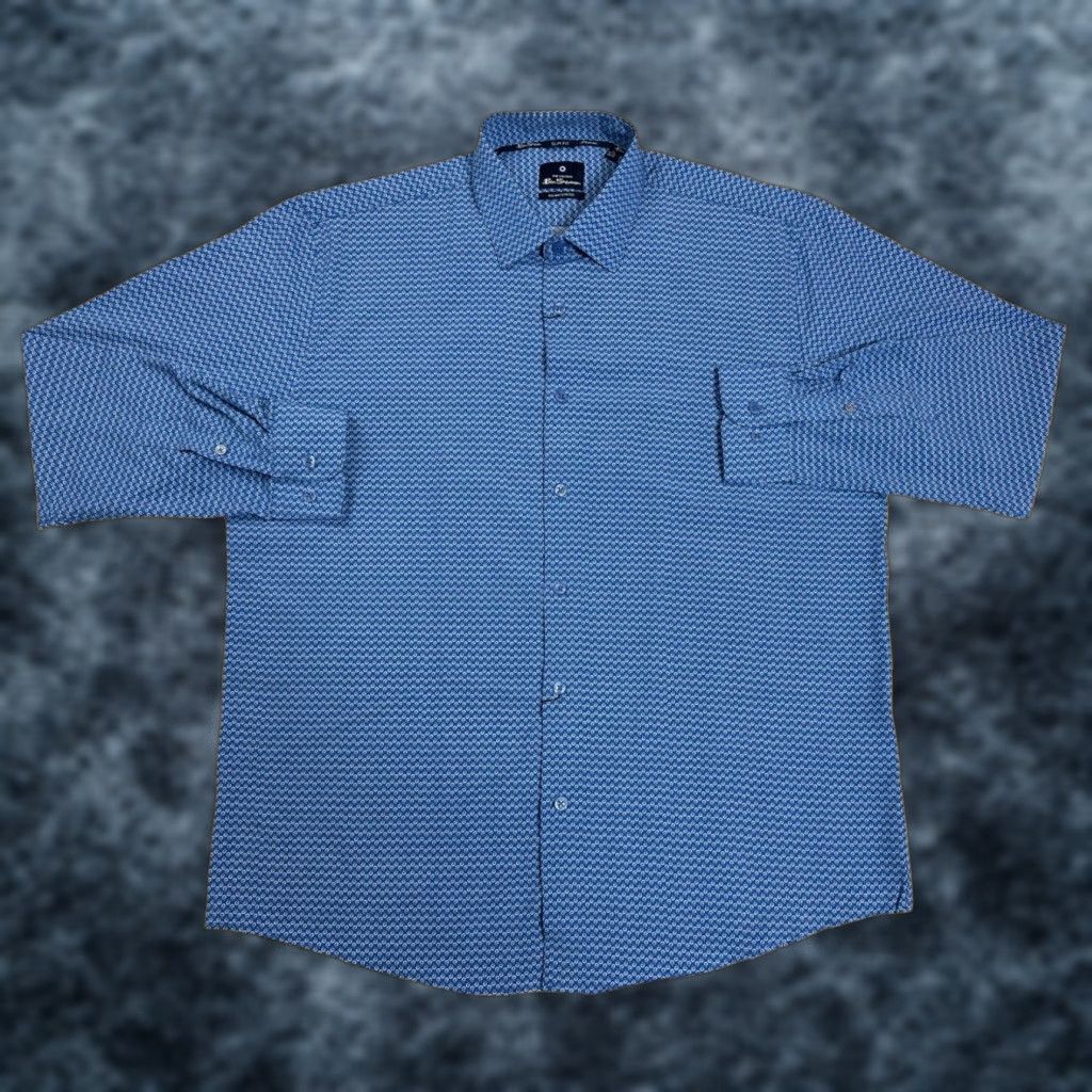Ben Sherman Mens XL Slim Fit Stretch Geometric Swirls Blue Long Sleeve Button Up Shirt