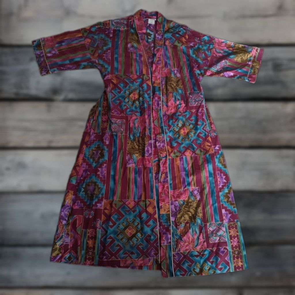 Vintage Vtg Appel Robe 70's Tie Front Floral Geometric Made In USA Sz S Cotton/Polyester Size ONE SIZE - 1 Thumbnail