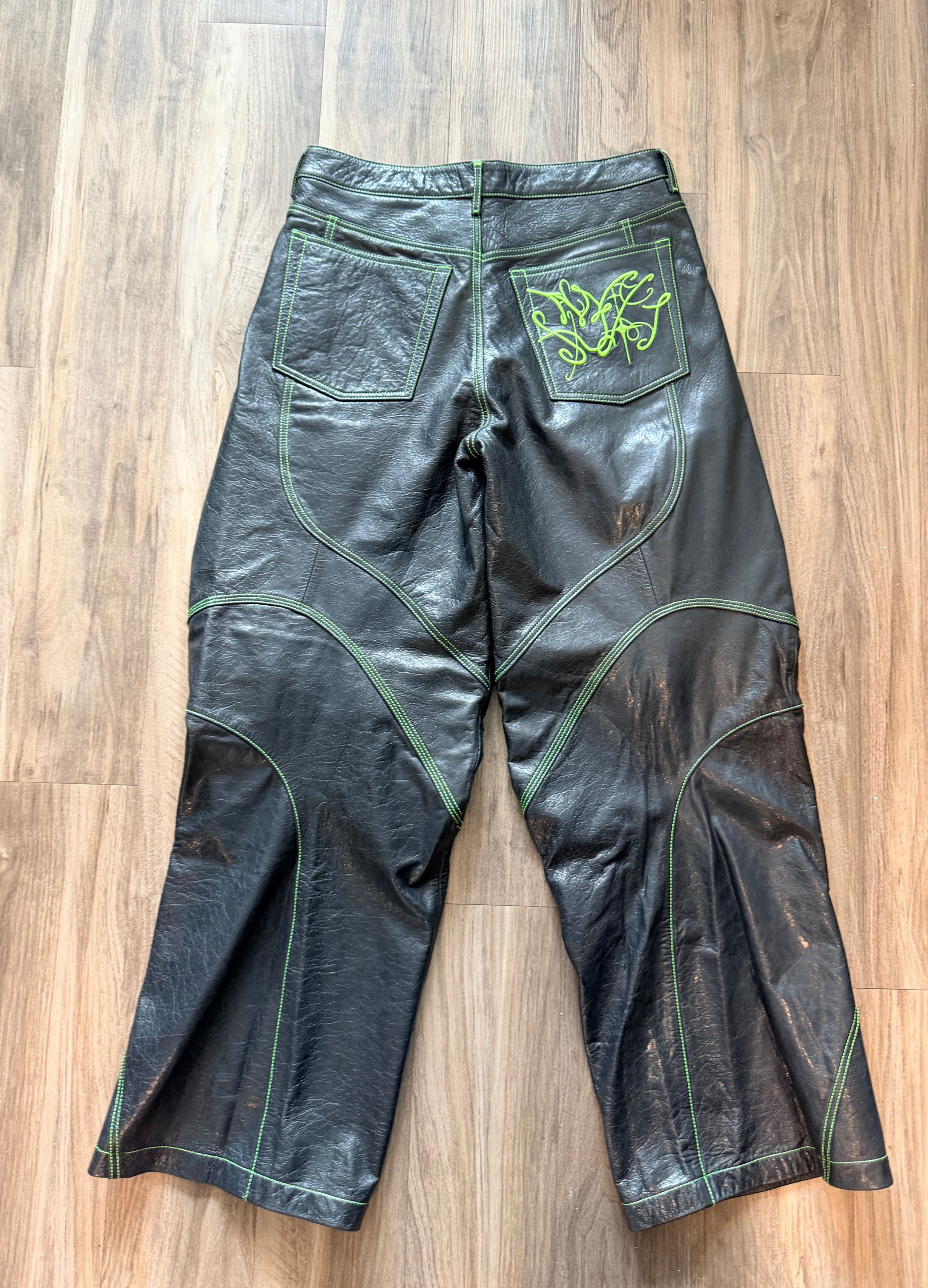 Acne Studios Acne Studios Leather Contrast Stitch Trousers Black Green Size US 32 / EU 48 - 1 Thumbnail