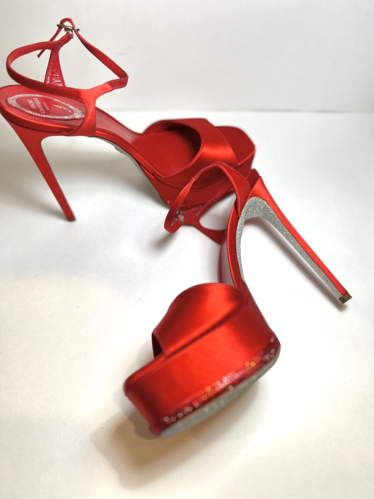 Rene Caovilla Rene Caovilla Red Satin Platform Heels NEW Size US 11 / IT 41 - 1 Thumbnail
