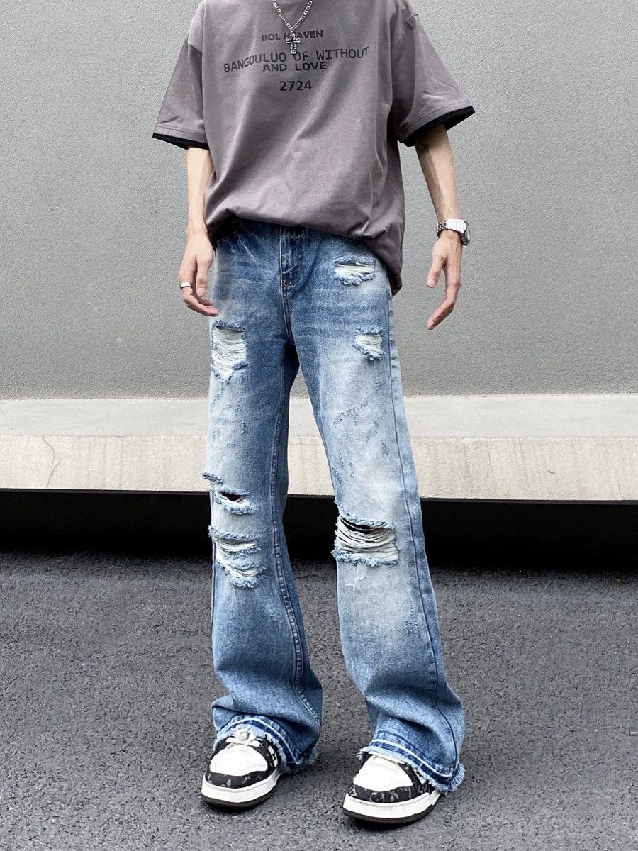 Jean Street washed men's loose straight cool flared ripped jeans Size US 32 / EU 48 - 1 Thumbnail