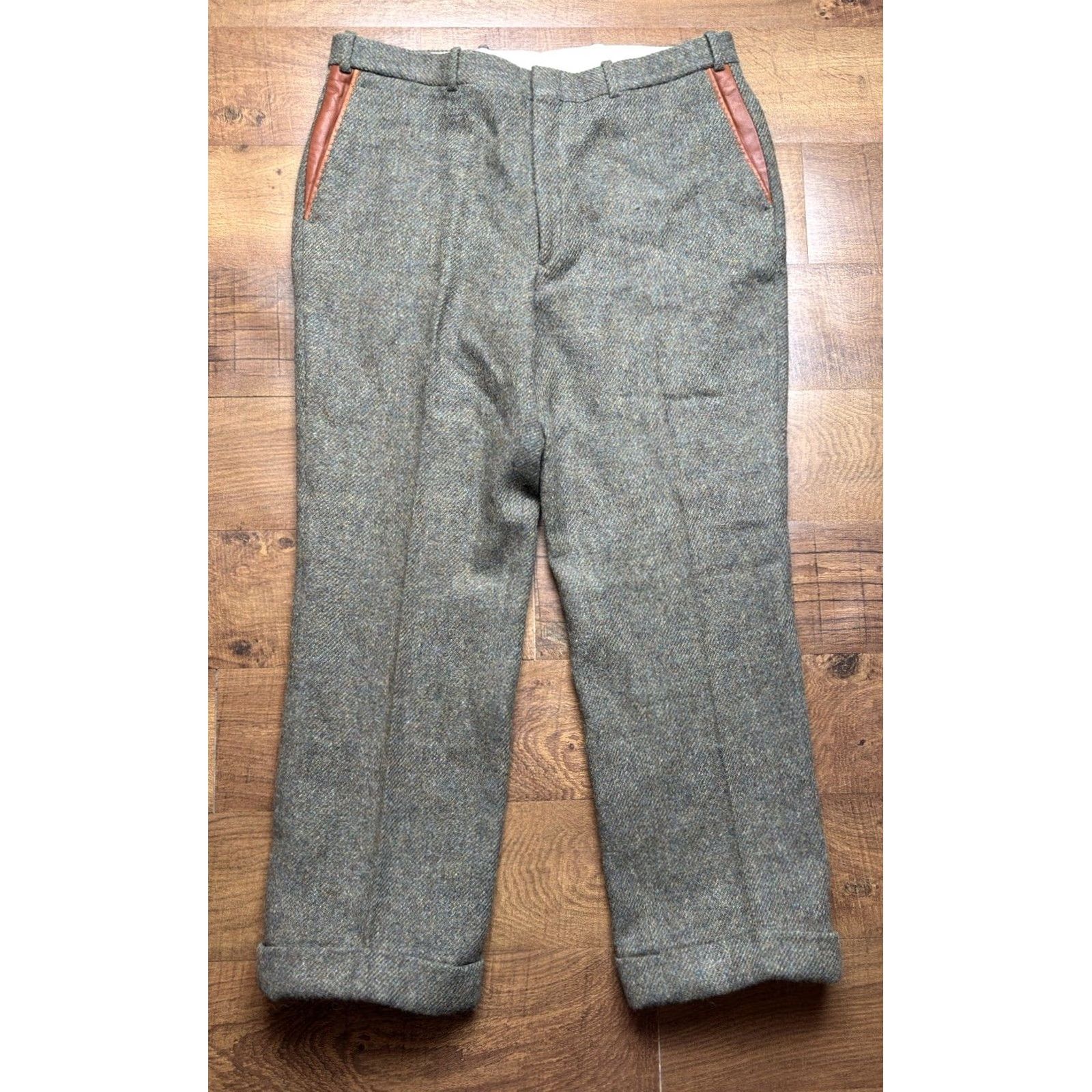 Orvis VINTAGE Orvis Mens Pants 38x29.5 Suede Trim Cuffed Wool Tweed Green 90s Chino Regular Mens Size US 38 / EU 54 - 2 Thumbnail