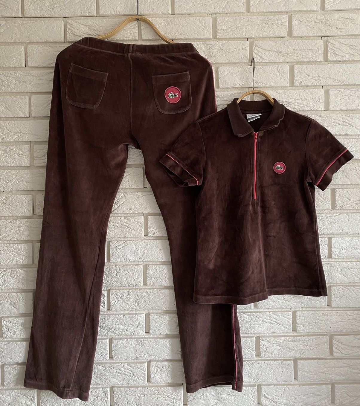 image of 90's Lacoste Tracksuit Y2K Velours Style in Brown, Women's (Size 26)
