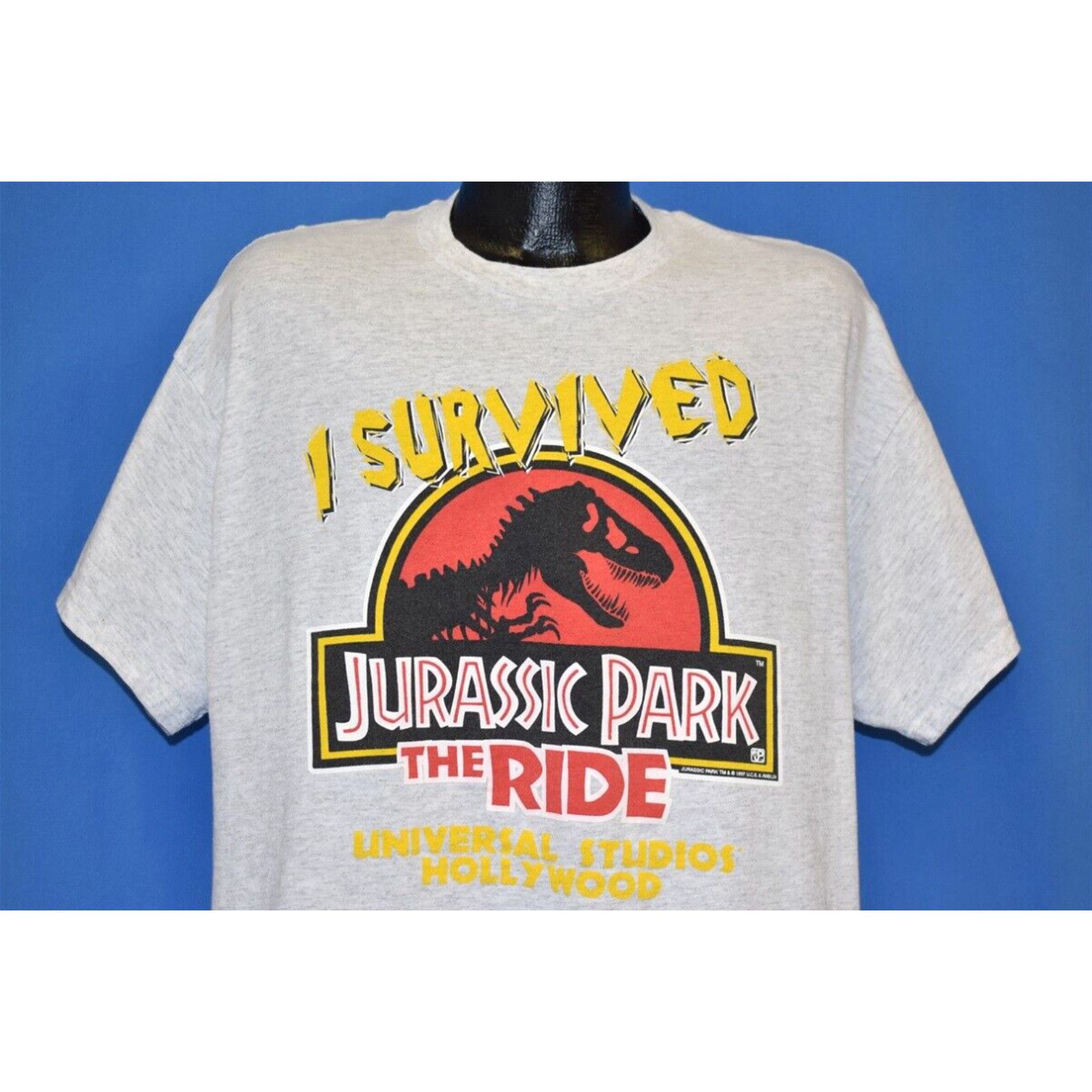 image of Vintage 90's I Survived Jurassic Park Ride Universal Studios Hollywood T-Shirt XL in White, Men's