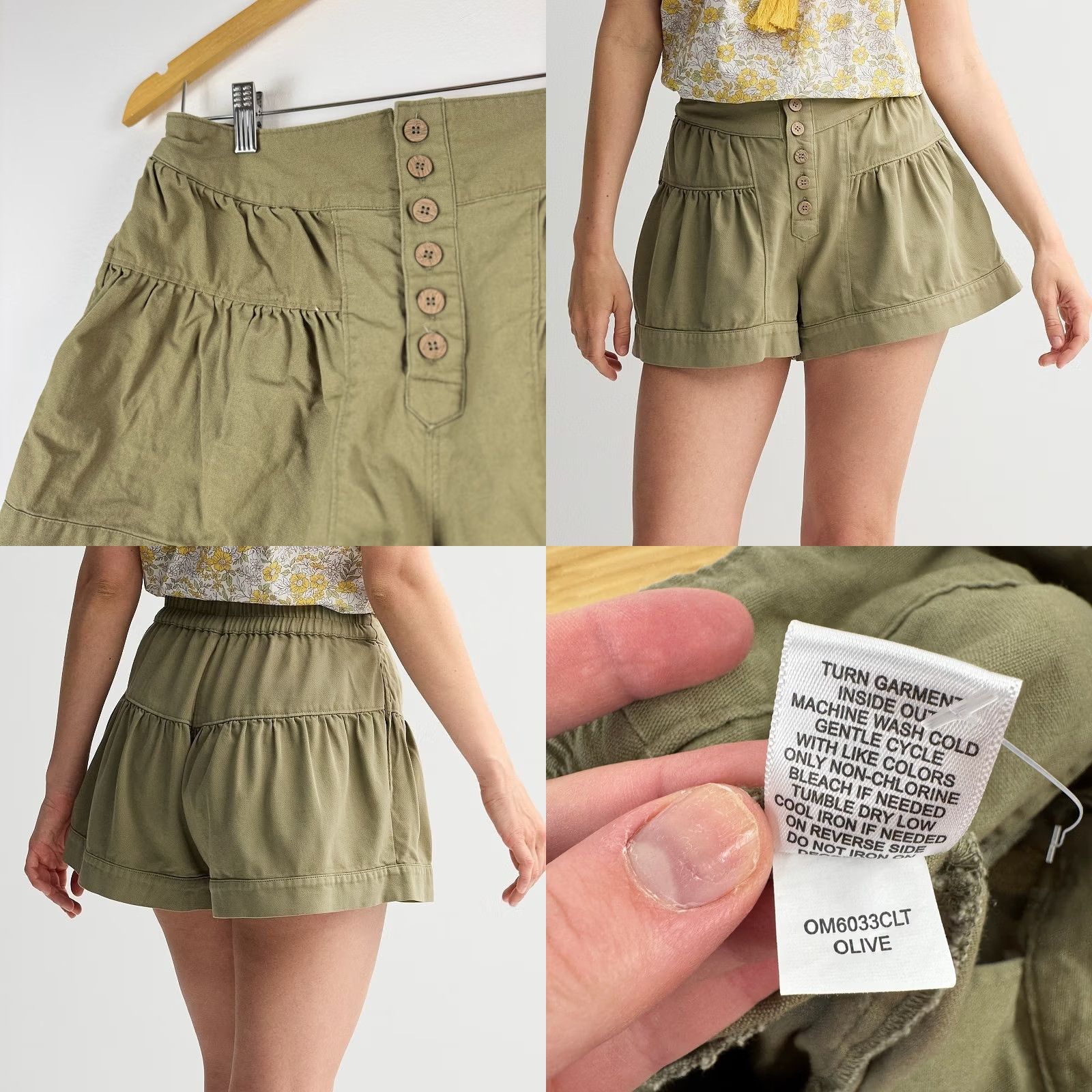Olive Women Olive Green Tiered Ruffle Button Front Shorts M Cotton Size 32" / US 10 / IT 46 - 8 Thumbnail