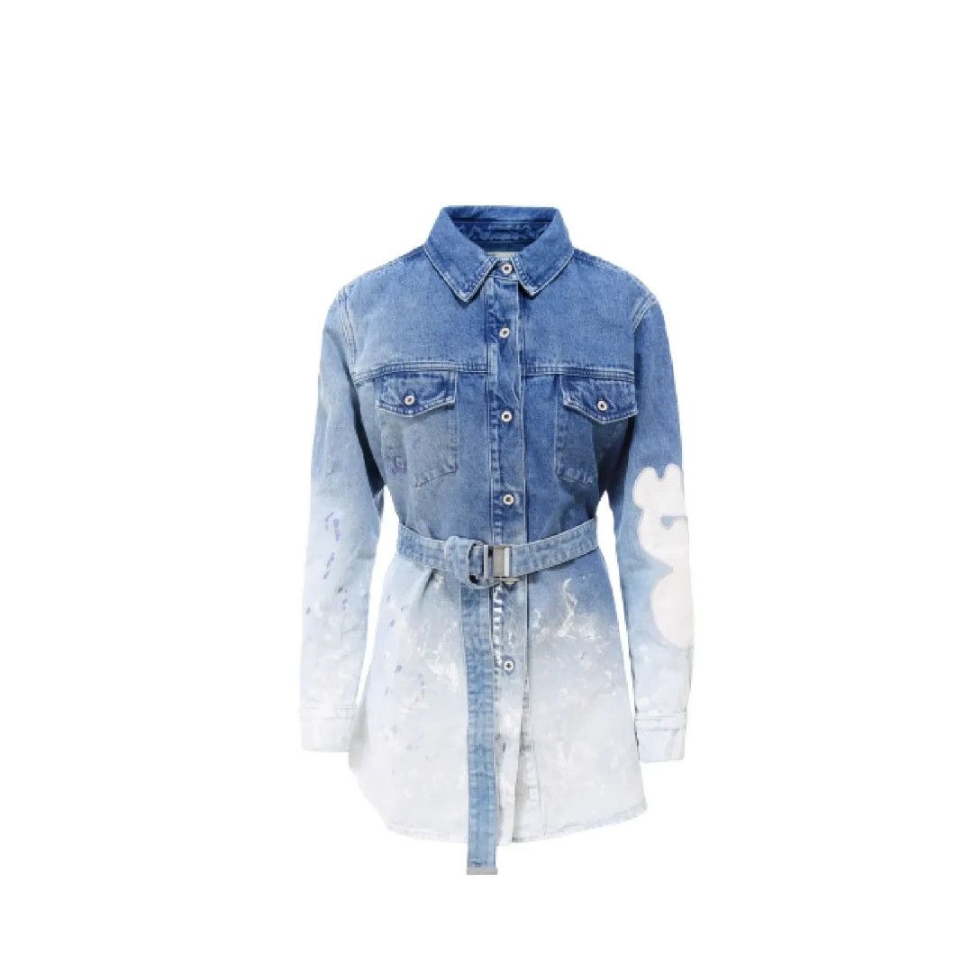 Off-White o1mle0425 Bleach Painted Belted Denim Dress in Blue & White Size XS / US 0-2 / IT 36-38 - 1 Thumbnail