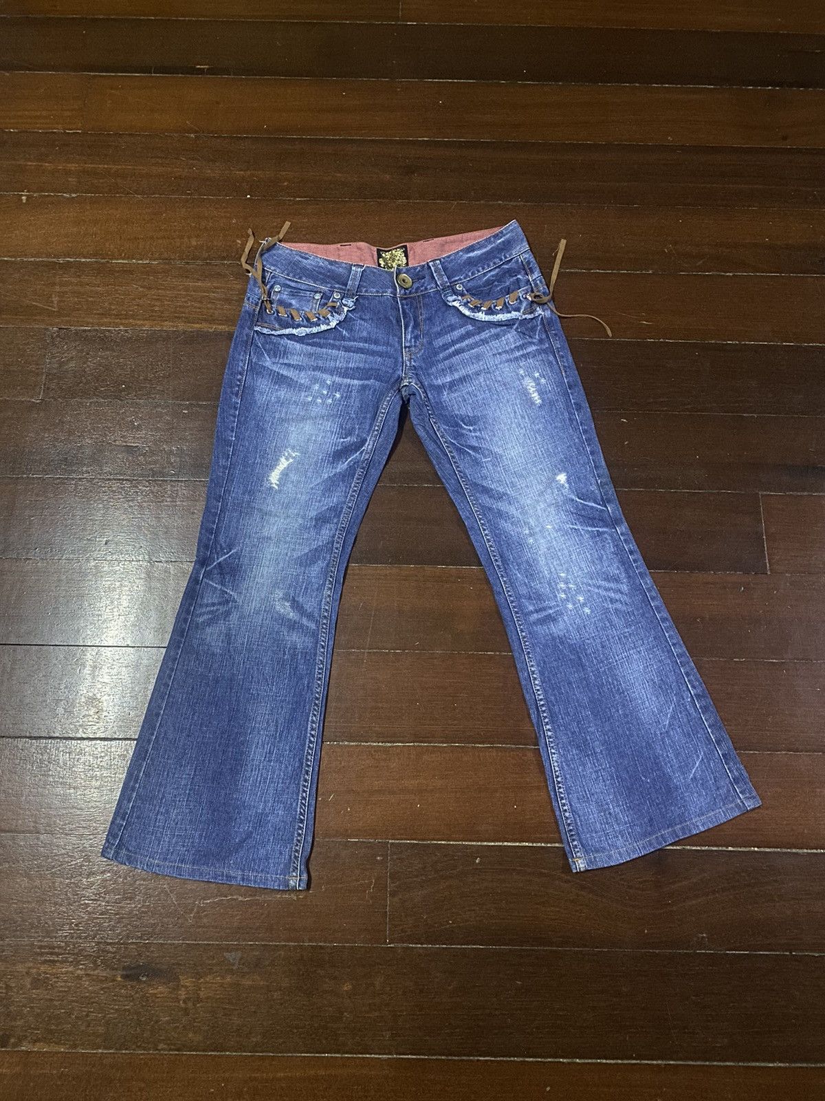 If Six Was Nine × Le Grande Bleu (L.G.B.) × Tornado Mart Flare Jeans Back Number Distress Faded Denim Bootcut Y2k Size 33" - 1 Thumbnail