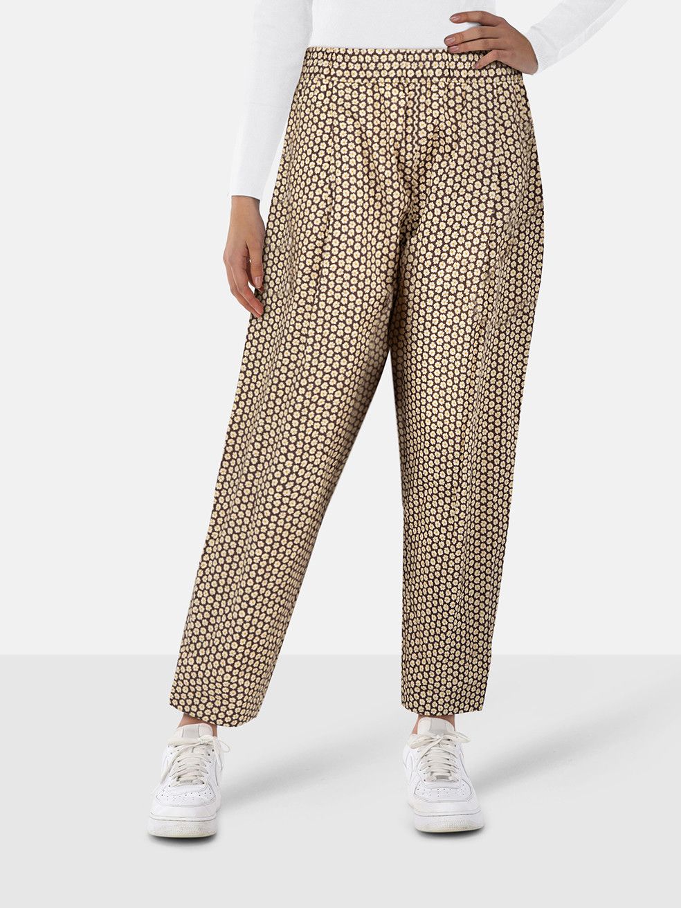 Brown Daisy Pattern Tapered Trousers