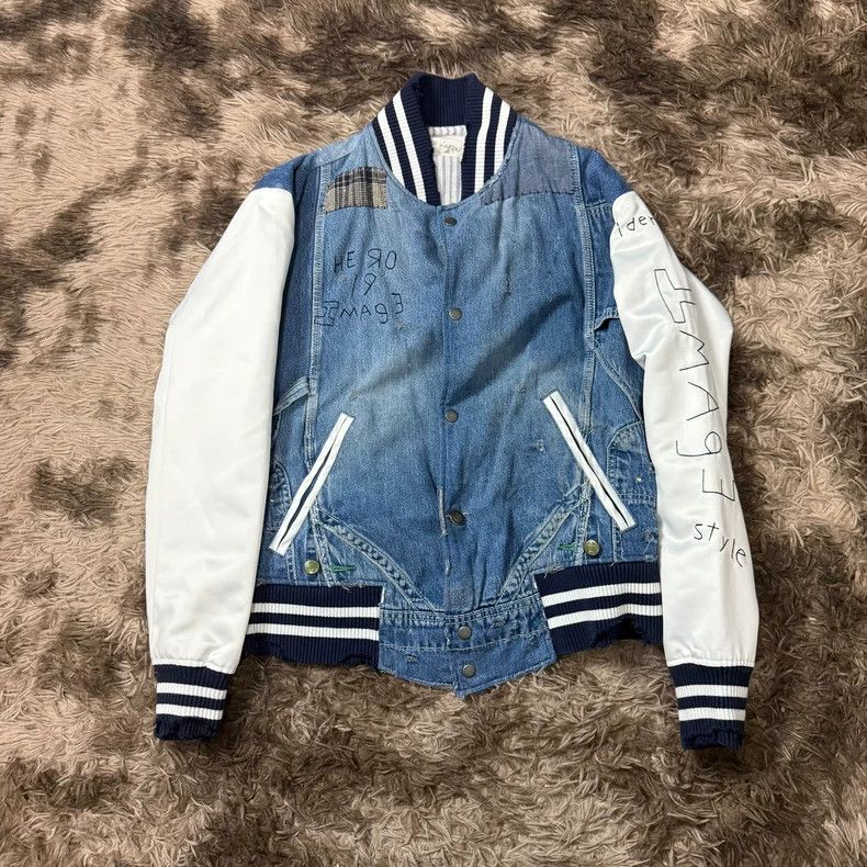Greg Lauren Antique denim patchwork graffiti baseball jack
