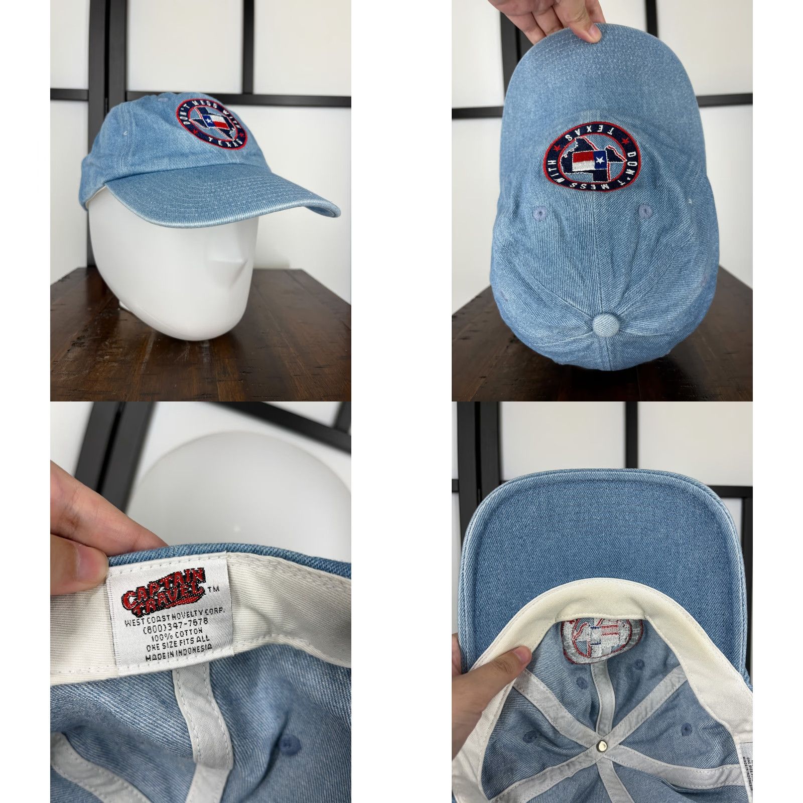 Vintage Captain Travel Hat Cap Strap Back Women Blue Denim Cotton Texas Embroidered 2A D Size ONE SIZE - 8 Thumbnail