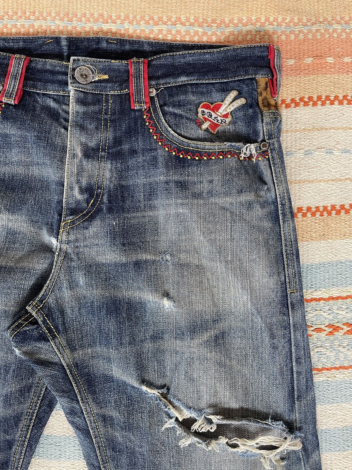 If Only Was True Very rare🔥SQUARE DARK🔥Embroidery Selvedge Distressed Jeans Size US 35 - 10 Thumbnail