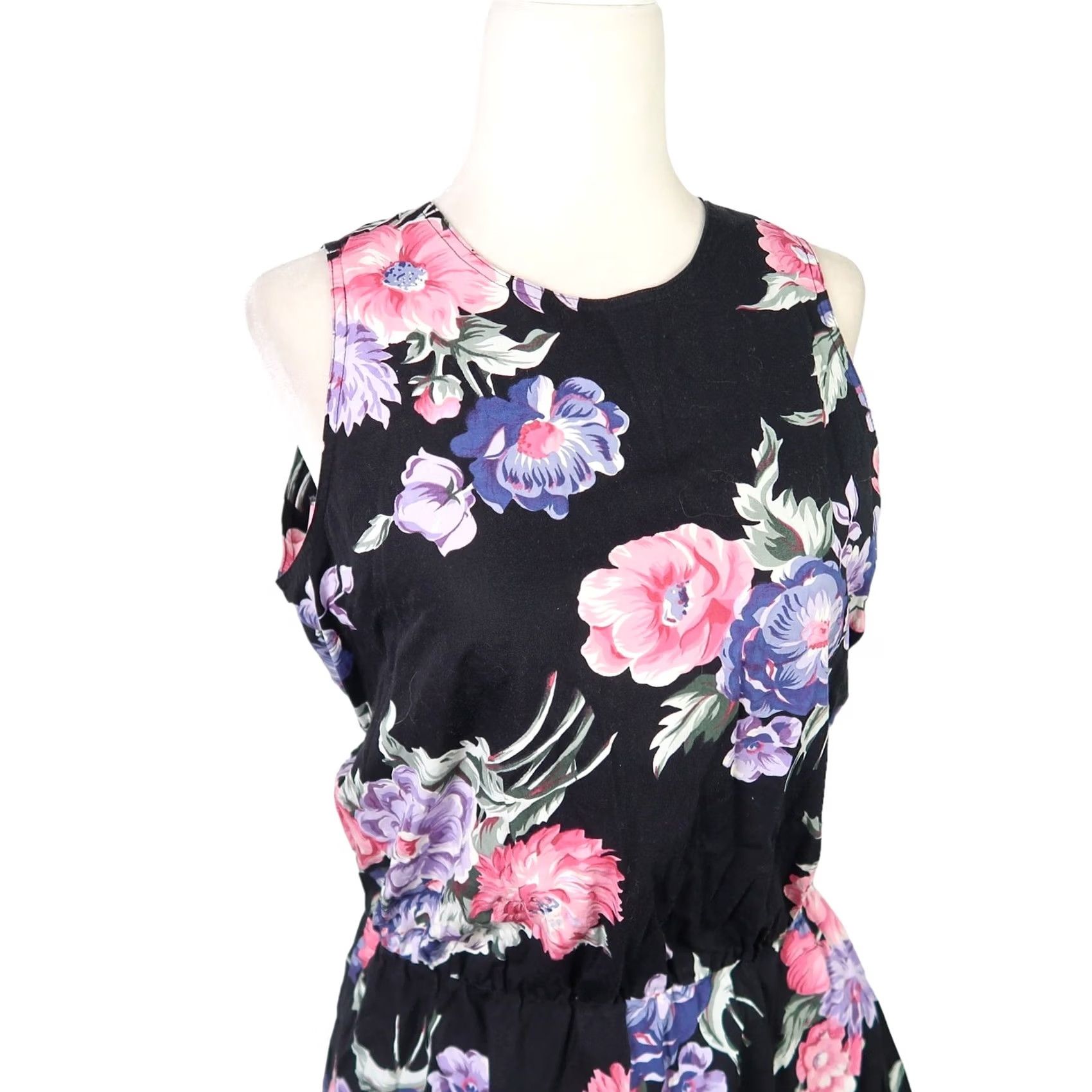 Vintage VINTAGE Moda International Floral Print A-Line Midi Dress Sleeveless M Women Cotton 90s 80s Black Pink Purple Size M / US 6-8 / IT 42-44 - 2 Thumbnail