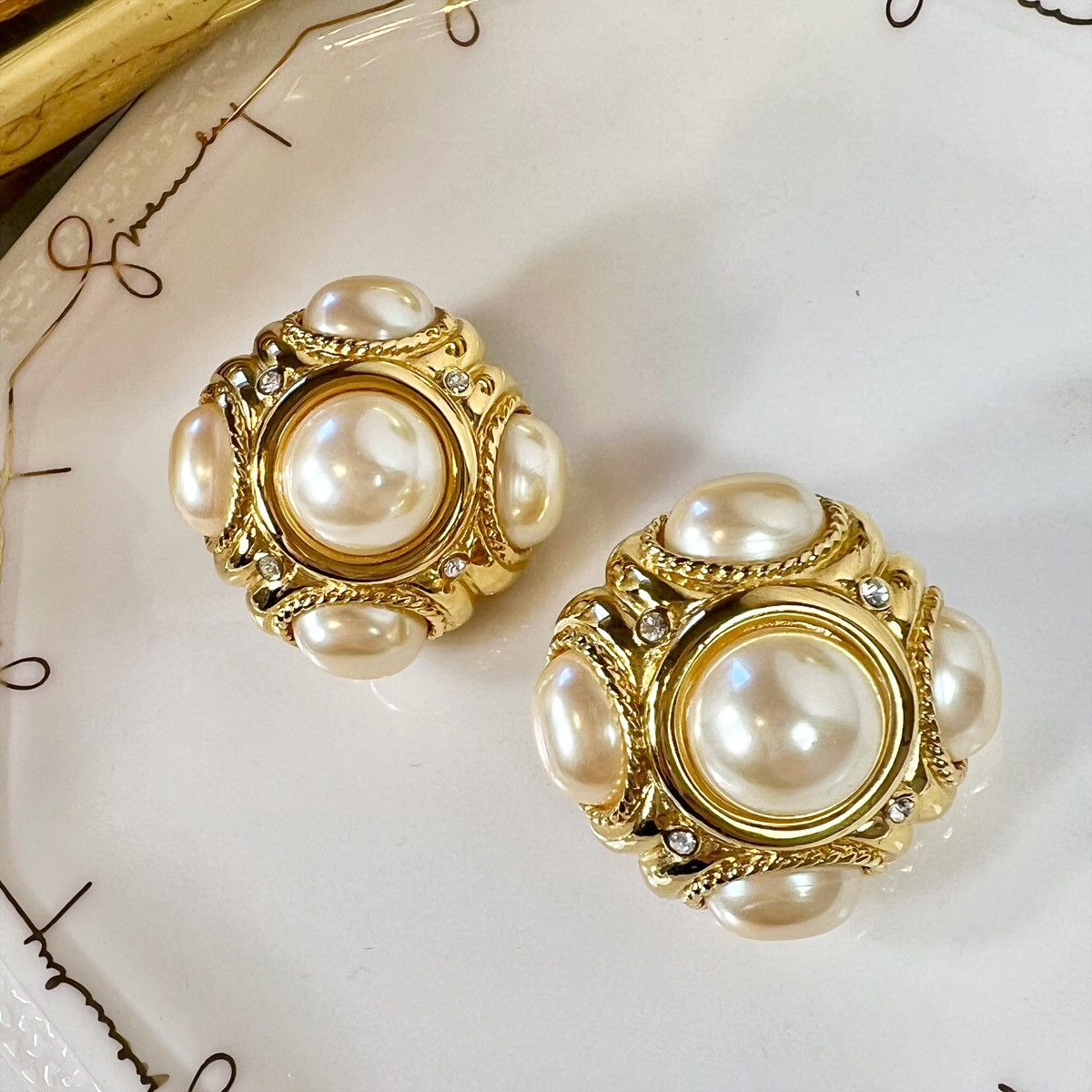 image of Givenchy Couture Large Pearl & Crystal Clip-On Earrings in Gold, Women's