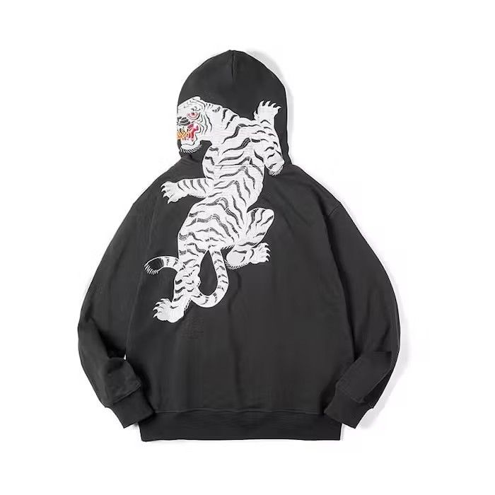 image of Vintage Tiger Embroidered Hoodie, Yokosuka Japanese in Grey, Men's (Size Medium)