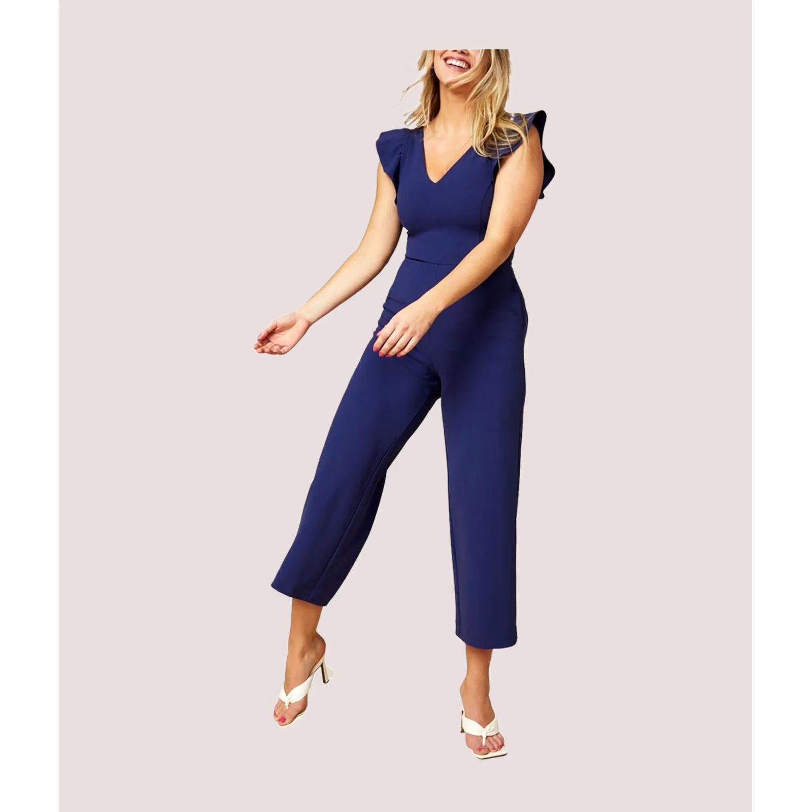 Vintage Rachel Roy Womens V Neck Cropped Jumpsuit, Blue, Medium Size 32" / US 10 / IT 46 - 1 Thumbnail