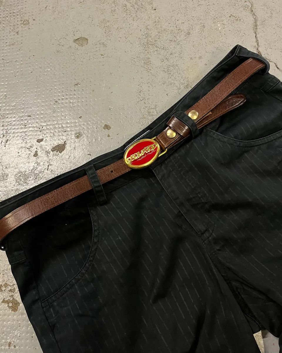 2000s Dsquared2 Brown Leather Red Oval Logo Buckle Belt, Men's