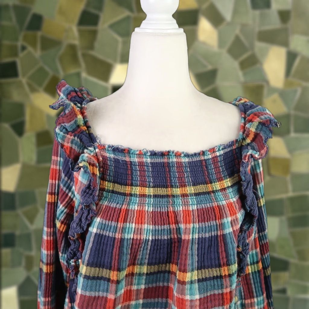 Free People Free People Siena Navy Blue and Red Plaid Ruffle Pullover Top L Women Long Sleeve Square Neck Casual Blouse Shirts Autumn Fall? Size L / US 10 / IT 46 - 1 Thumbnail