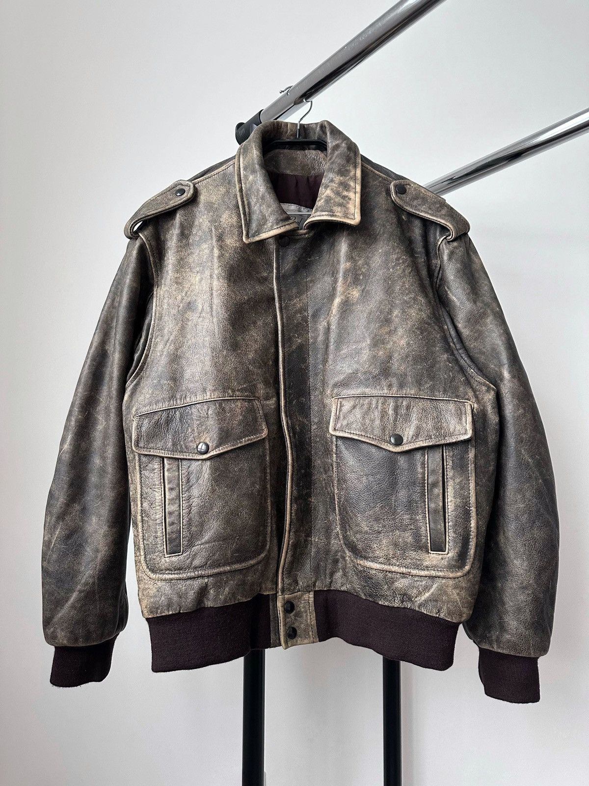 image of Avant Garde x Leather Jacket Vintage 90's Washed Distressed Leather Bomber Jacket (Size Medium)