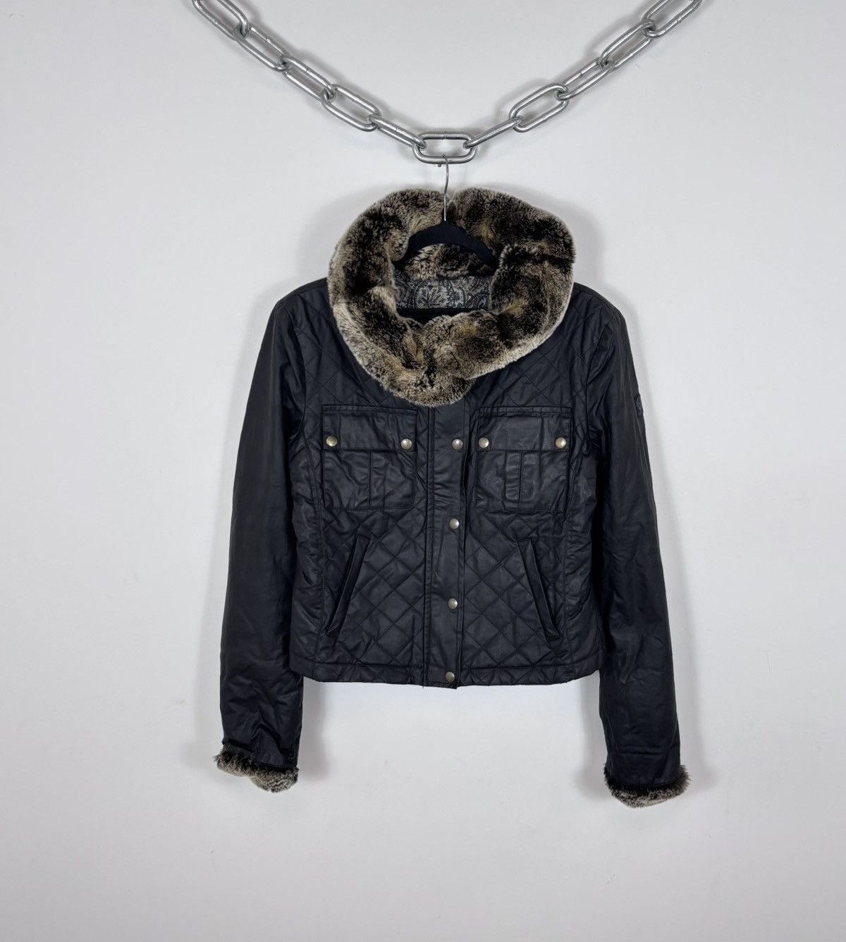 Belstaff Belstaff Gold Label Women’s Black Waxed Jacket Fur Trim Size L / US 10 / IT 46 - 1 Thumbnail