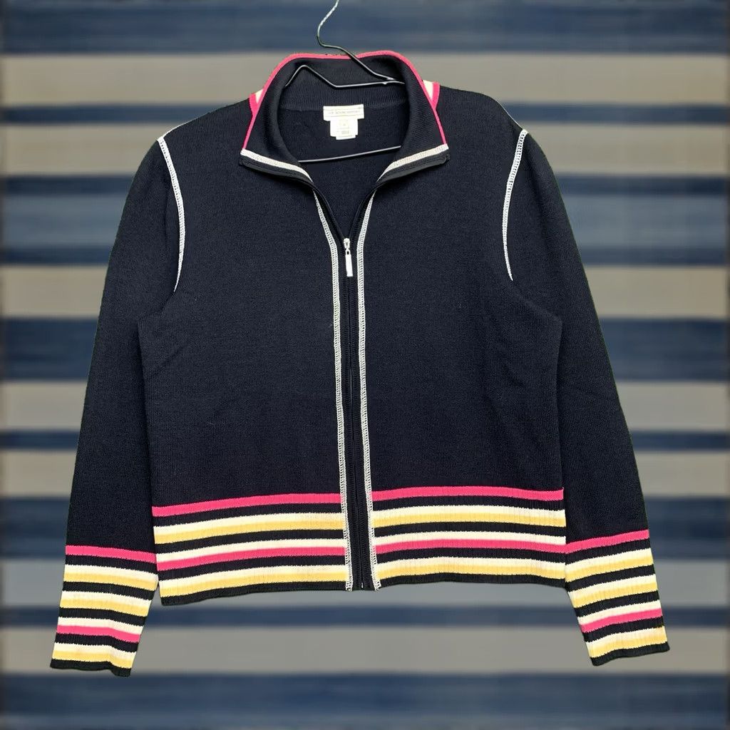 St. John St. John Cardigan Shirt Womens Large Black Striped Zip Full Zip 90s Modern Knit Logo Size L / US 10 / IT 46 - 1 Thumbnail