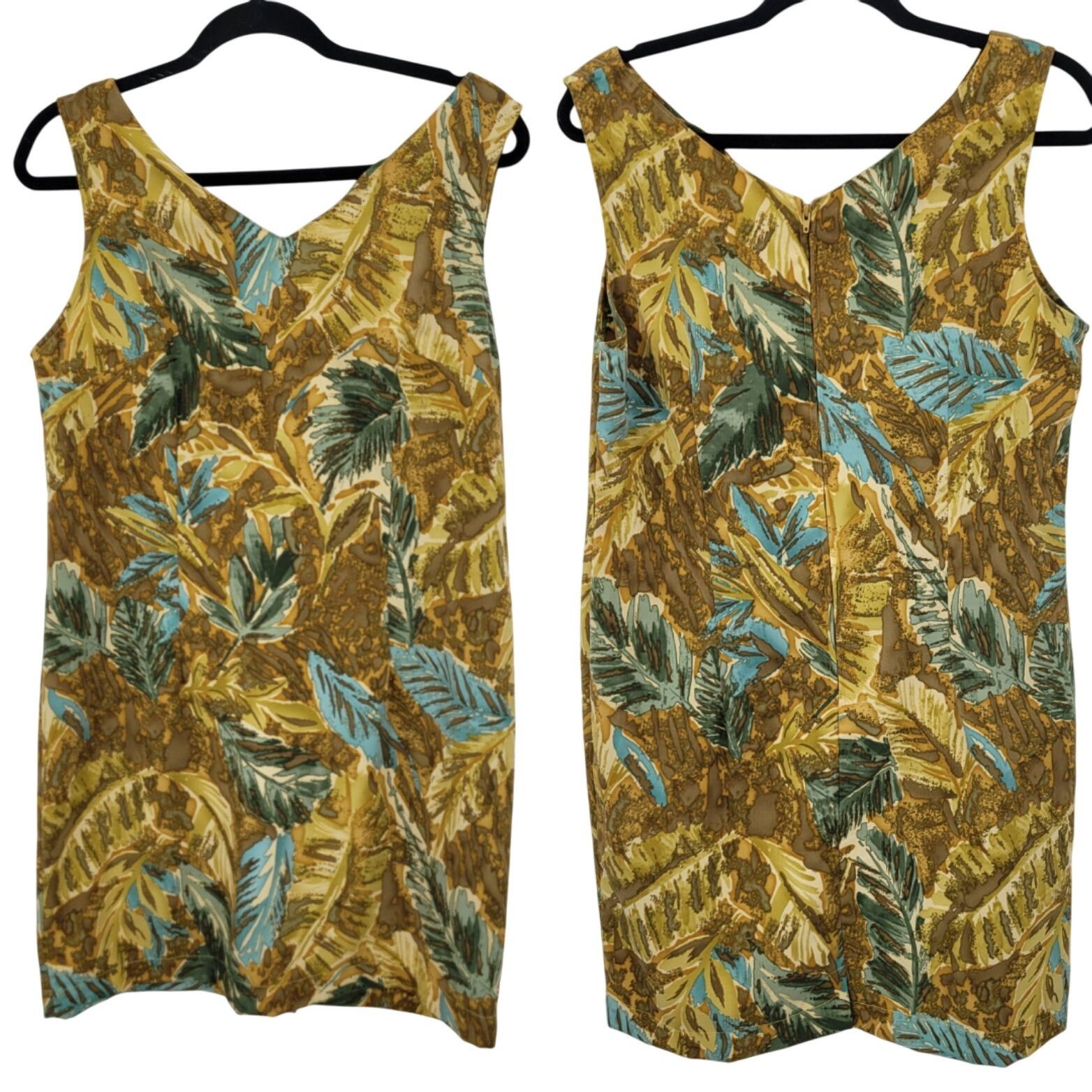 Vintage Vtg Mini Shift Dress Sz 10 Leaf Print Sleeveless V-Neck Brow Size L / US 10 / IT 46 - 1 Thumbnail