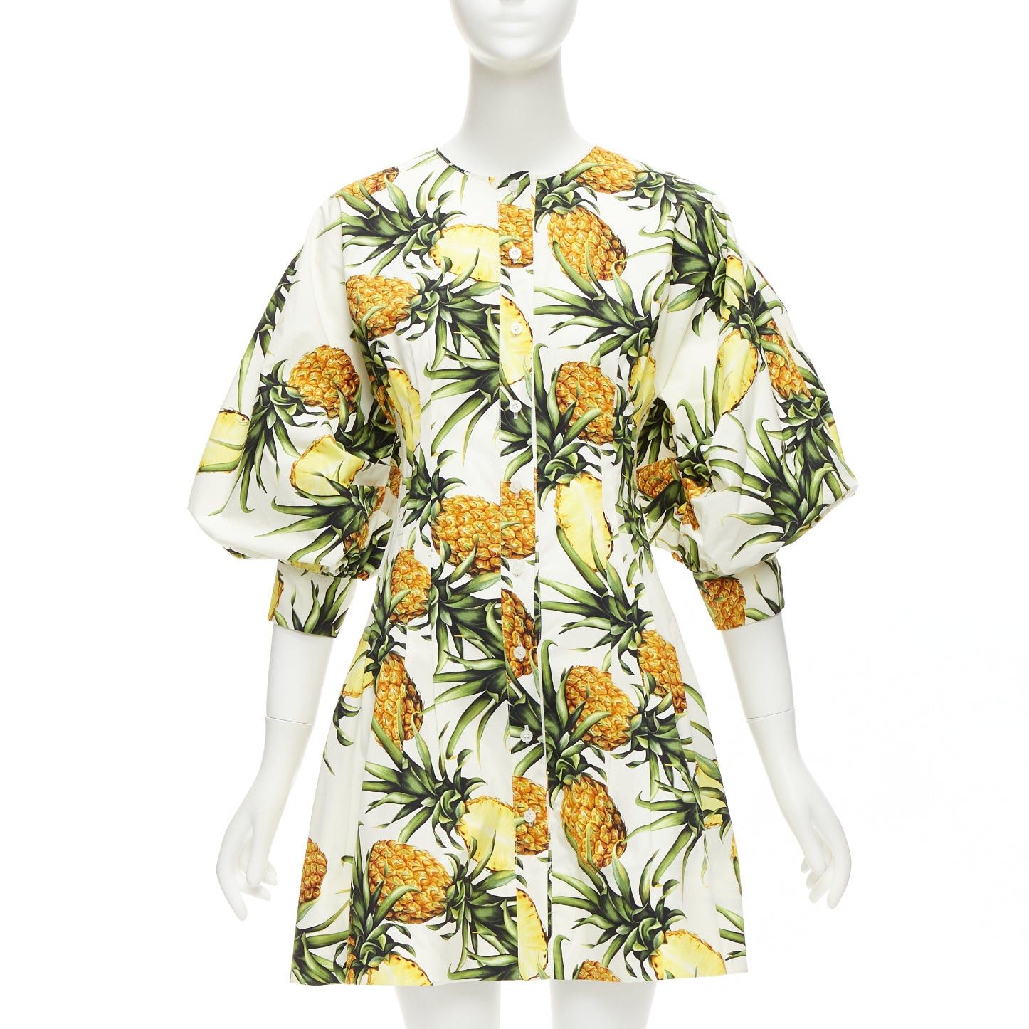 Oscar De La Renta OSCAR DE LA RENTA 2021 yellow white pineapple print puff sleeve dress US2 S Size S / US 4 / IT 40 - 1 Thumbnail