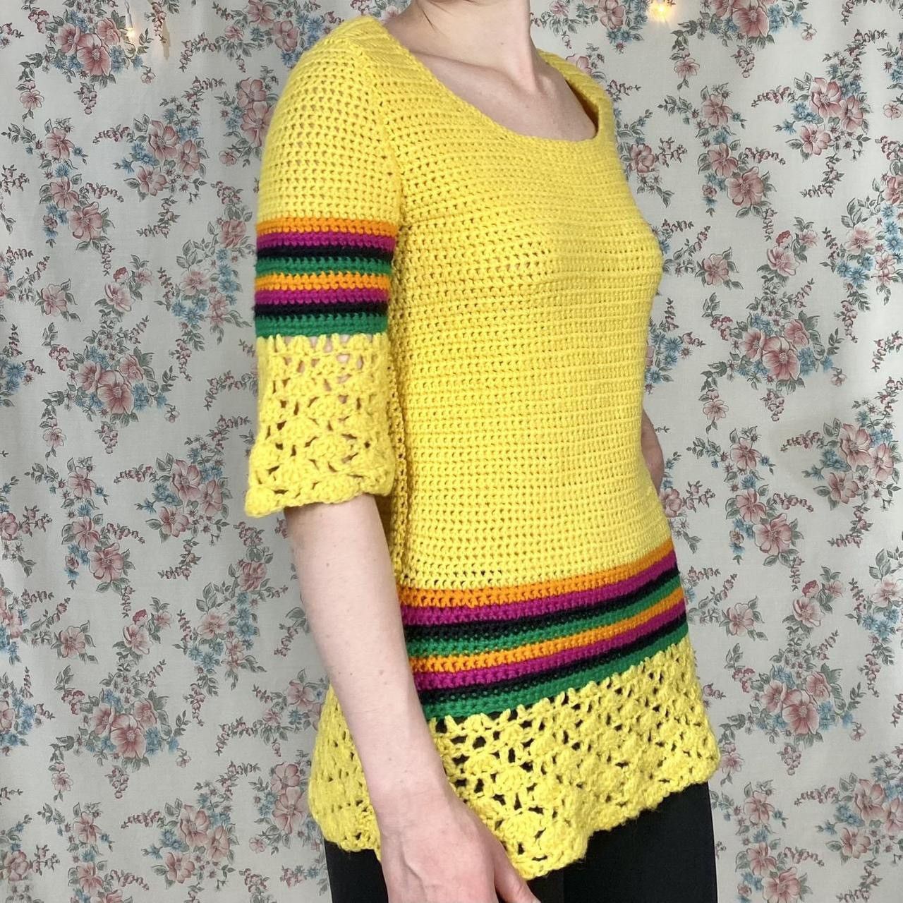 Handmade × Vintage 70s sunshine yellow striped tunic sweater Size M / US 6-8 / IT 42-44 - 2 Thumbnail